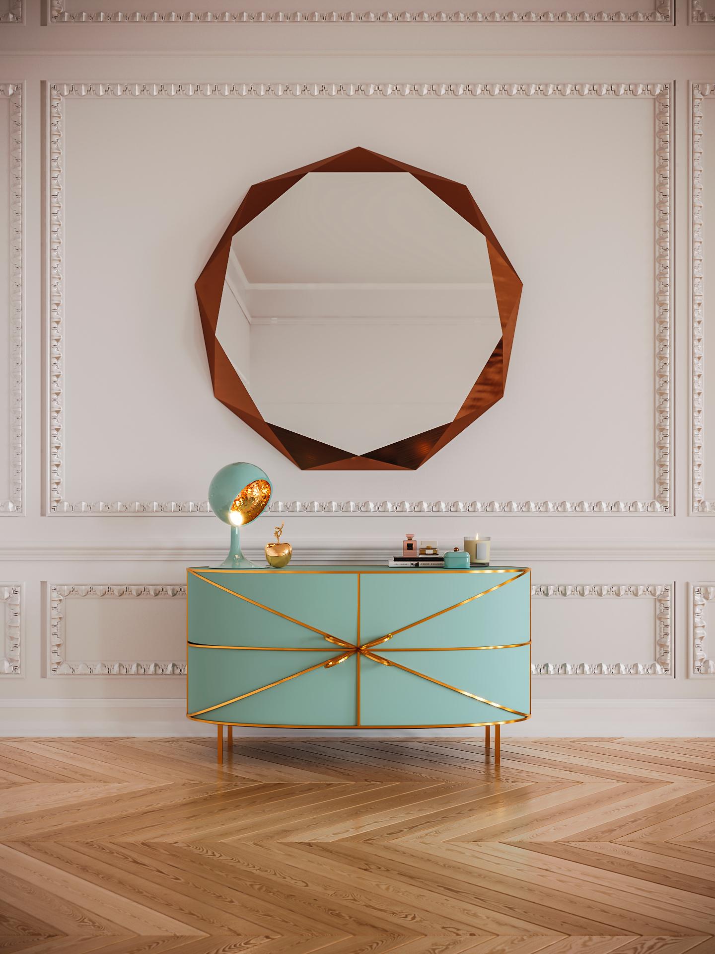 88 Secrets Sideboard Mint Green with Gold Trims de Nika Zupanc est un meuble vert menthe aux lignes sensuelles et féminines avec de luxueuses garnitures métalliques en or. Une pièce maîtresse dans tout espace intérieur !

Nika Zupanc, designer