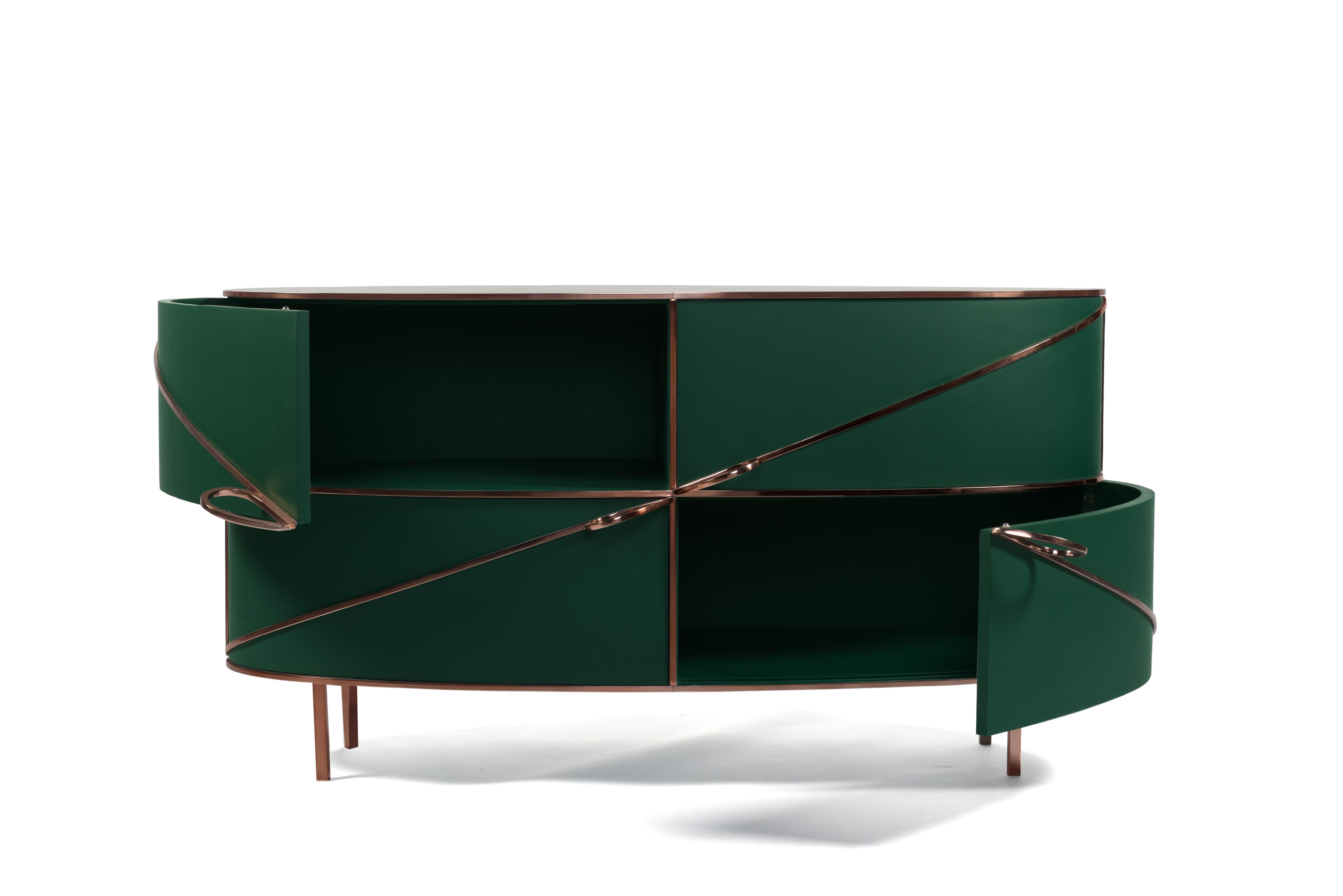 88 Secrets Green Sideboard with Rose Gold Trims by Nika Zupanc is a deep green cabinet in sensuous, feminine lines with luxurious metal trims in rose gold. A statement piece in any interior space!

Nika Zupanc, a strikingly renowned Slovenian