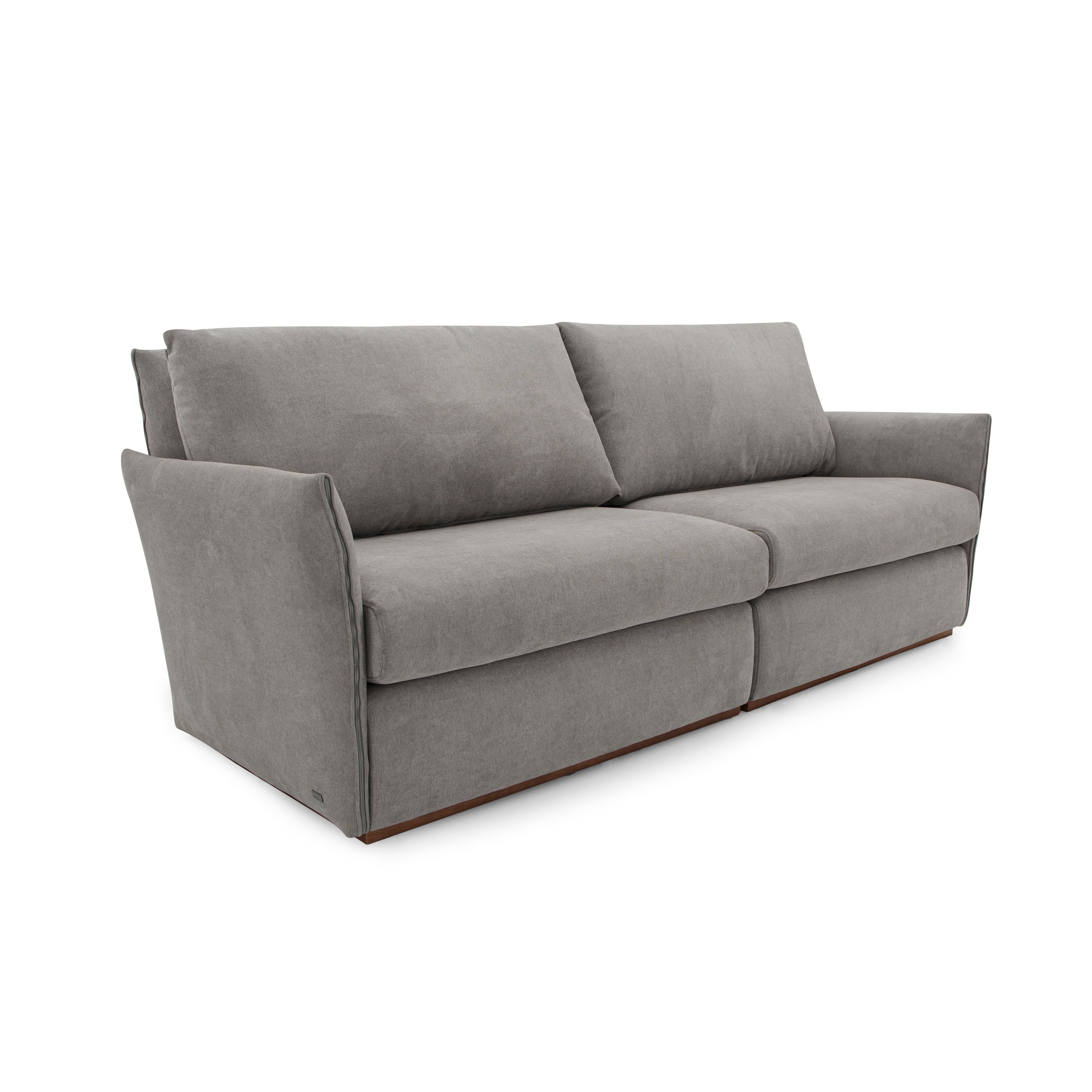 Brazilian Thin Sofa with Bowed Arms in an Upholstered Gray Fabric For Sale