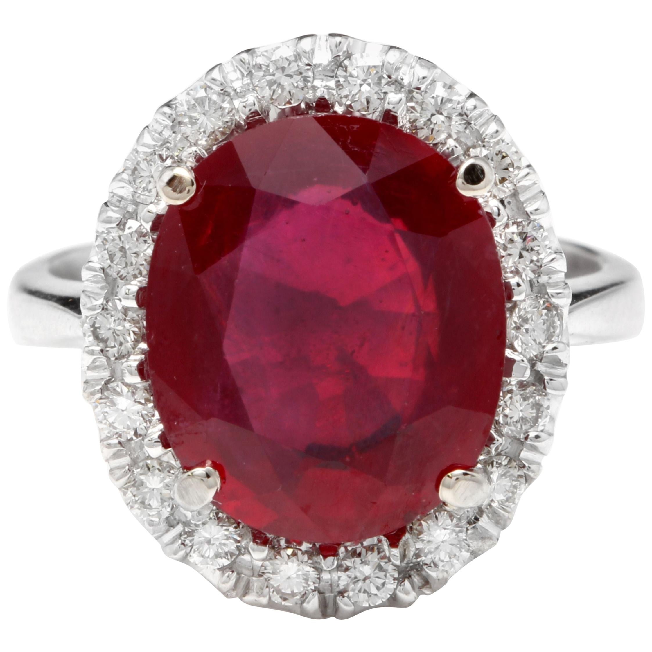 8.80 Carat Impressive Natural Red Ruby and Diamond 14 Karat White Gold Ring For Sale