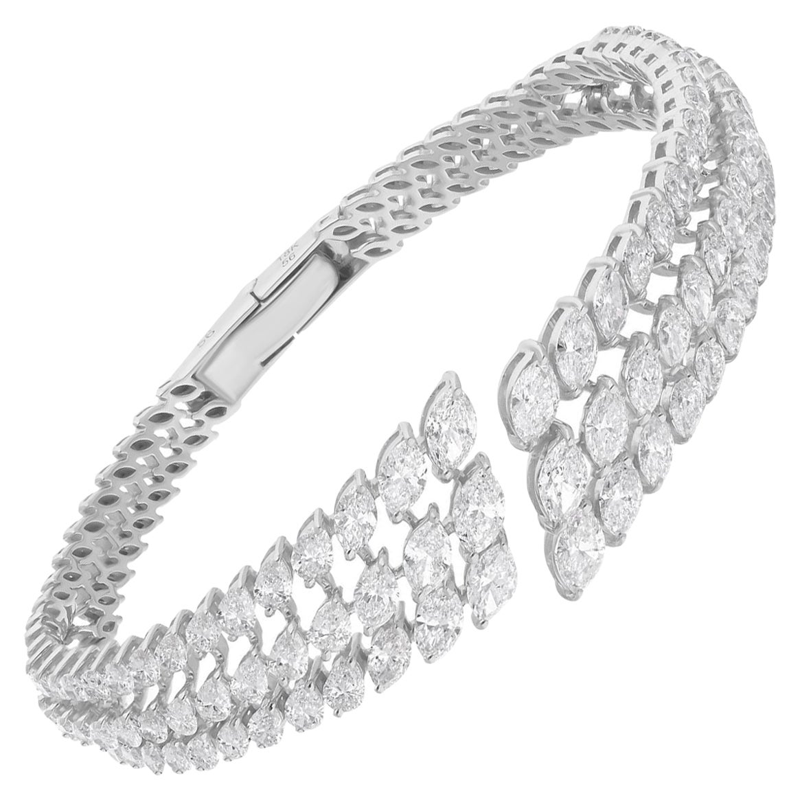 Bracelet manchette jonc en or blanc 14 carats avec diamants marquises de 8,80 carats