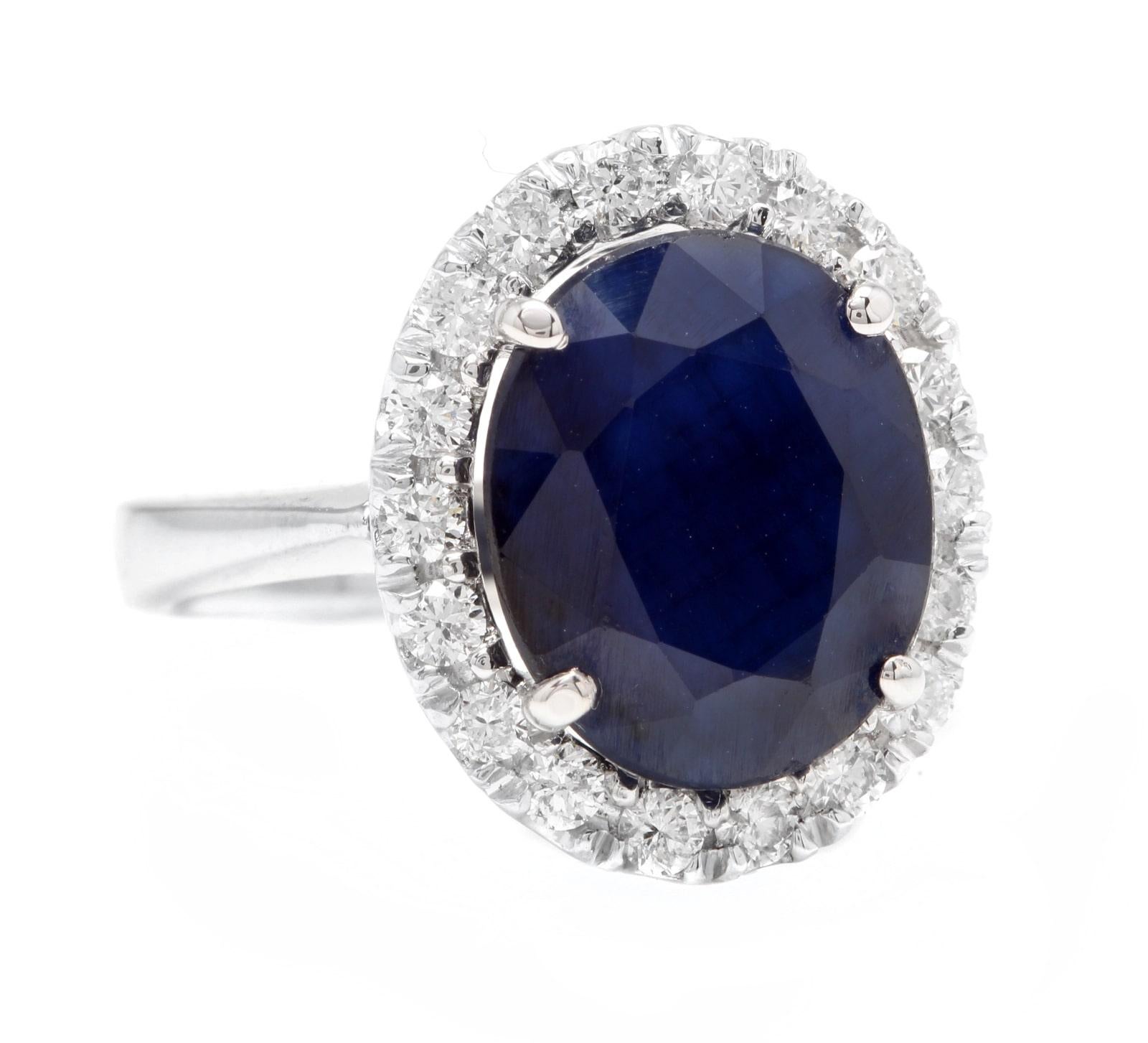 8.80 Carats Natural Sapphire and Diamond 14K Solid White Gold Ring

Stamped: 14K

Total Natural Oval Cut Sapphire Weights: Approx. 8.00 Carats

Sapphire Measures: Approx. 13.00 x 10.00mm

Sapphire Treatment: Diffusion

Natural Round Diamonds Weight: