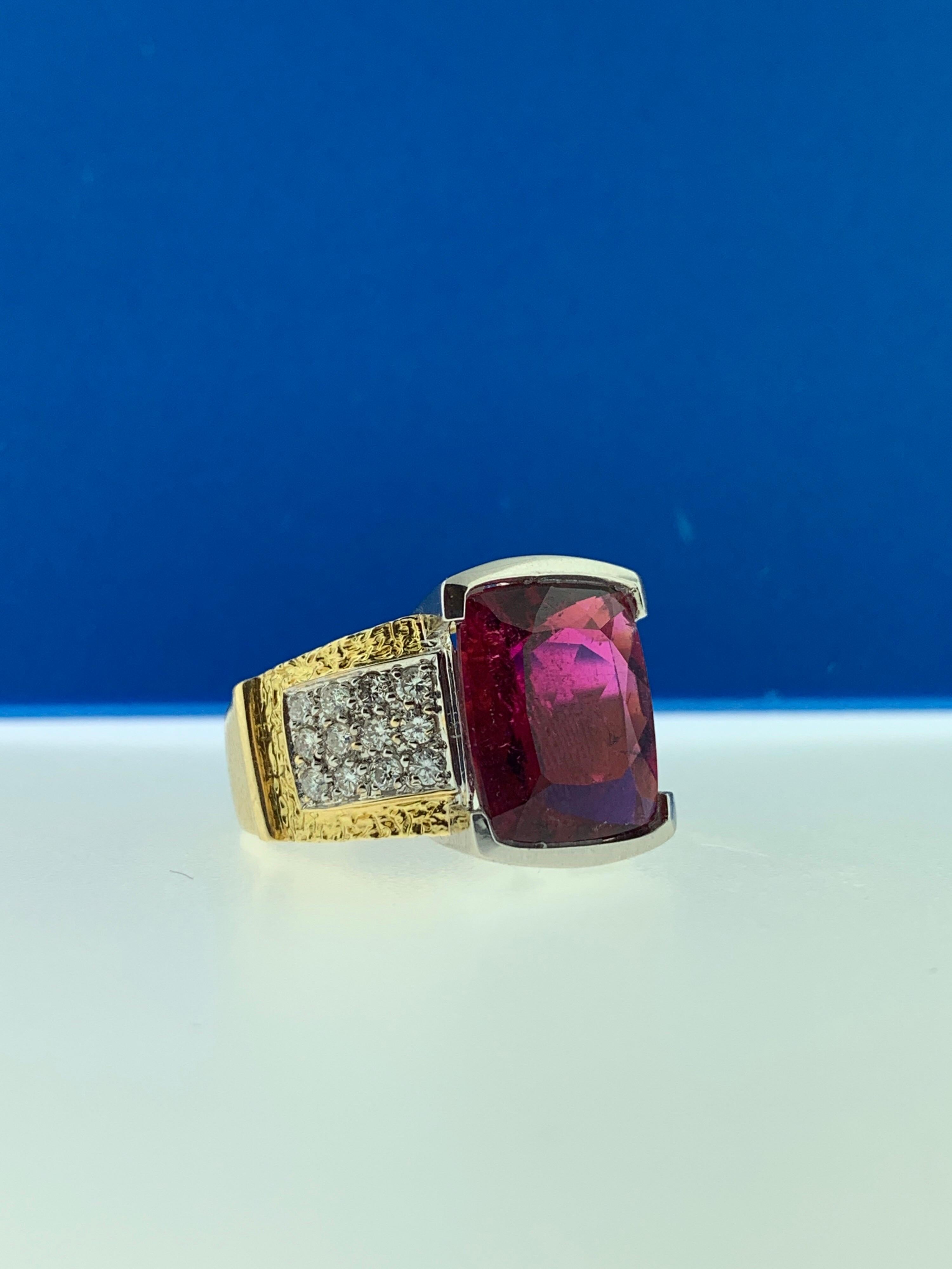 8.80 Carat Rubellite and Diamond Cocktail Ring in Platinum and 18 Karat Gold In Excellent Condition In Great Neck, NY