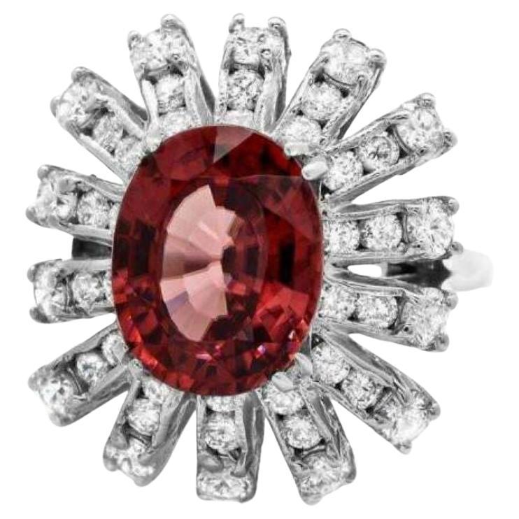 8.80 Carats Natural Nice Looking Red Zircon and Diamond 14K White Gold Ring For Sale