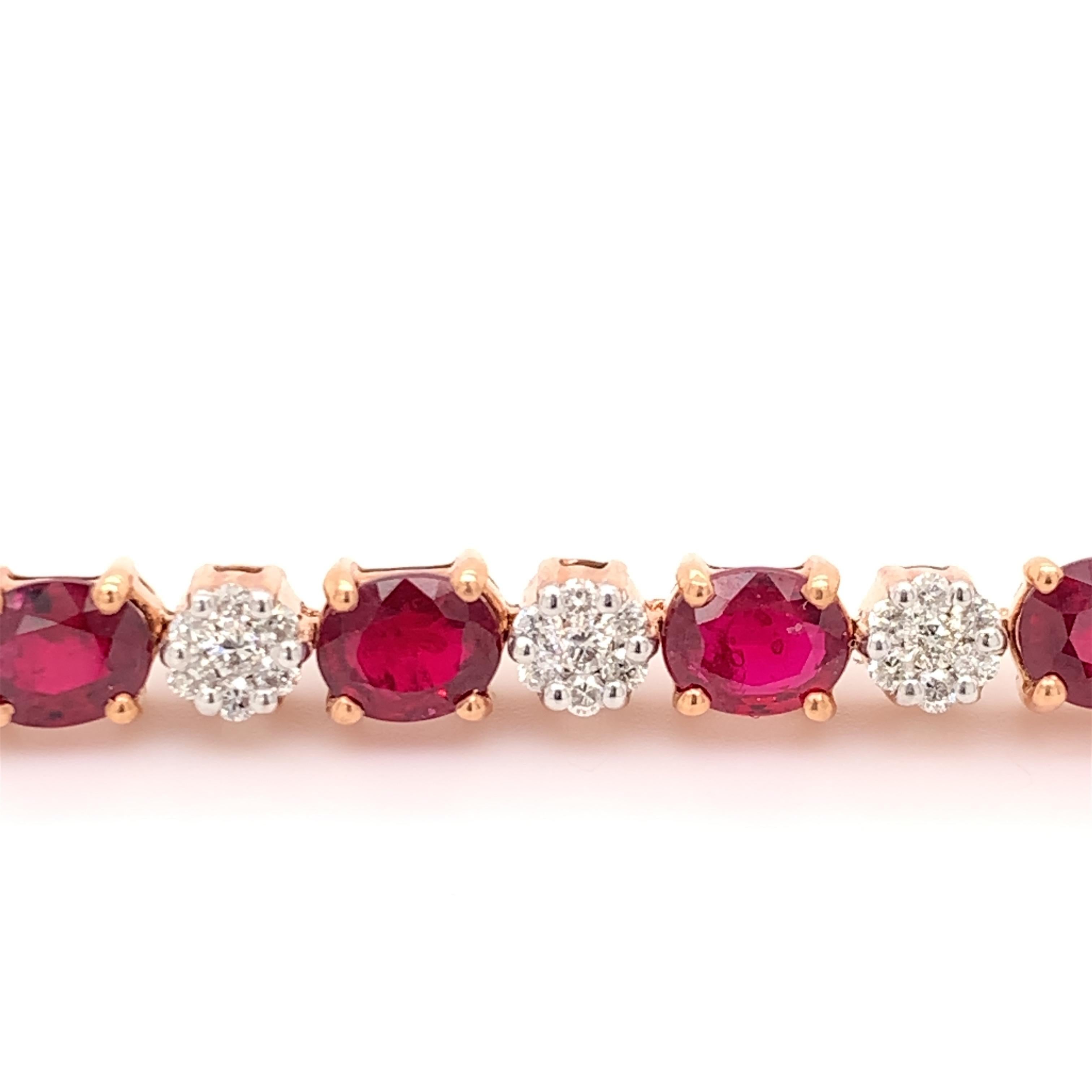 Elegant ruby diamond bracelet. Rich red tone with brilliance, oval faceted, 8.80 carats natural rubies mounted in high profile open basket with bead prongs, accented with a round brilliant cut diamond. Handcrafted design set in 18 karats rose gold