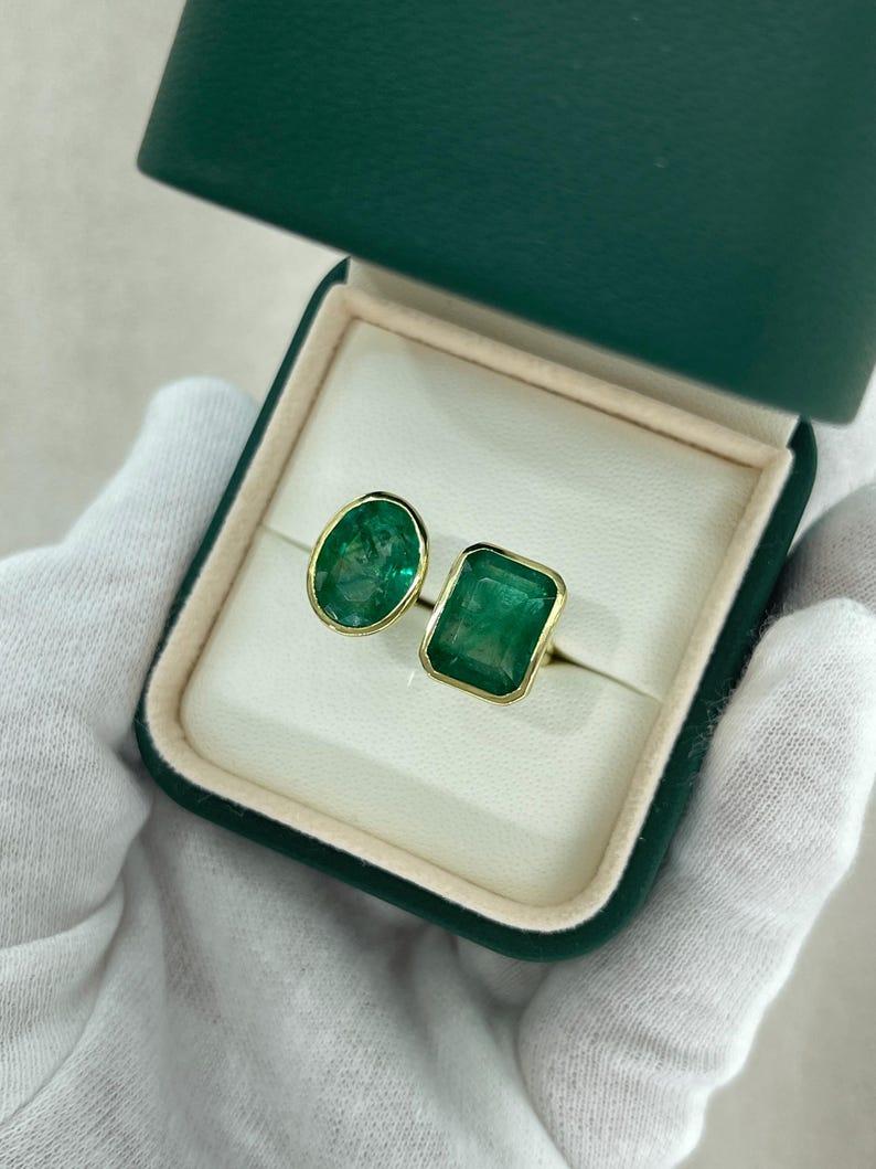 8,80 Karat 18K Dunkelgrüner Smaragd Toi Et Moi Ring Smaragd & ovaler zwei Stein Gold 750 im Angebot 2