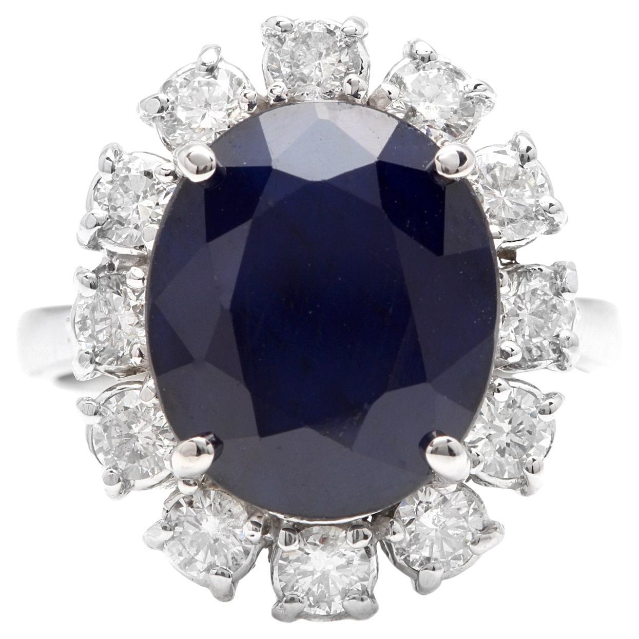 8.80ct Exquisite Natural Blue Sapphire and Diamond 14K Solid White Gold Ring