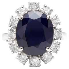 Bague en or blanc massif 14 carats avec saphir bleu naturel exquis de 8,80 carats et diamants