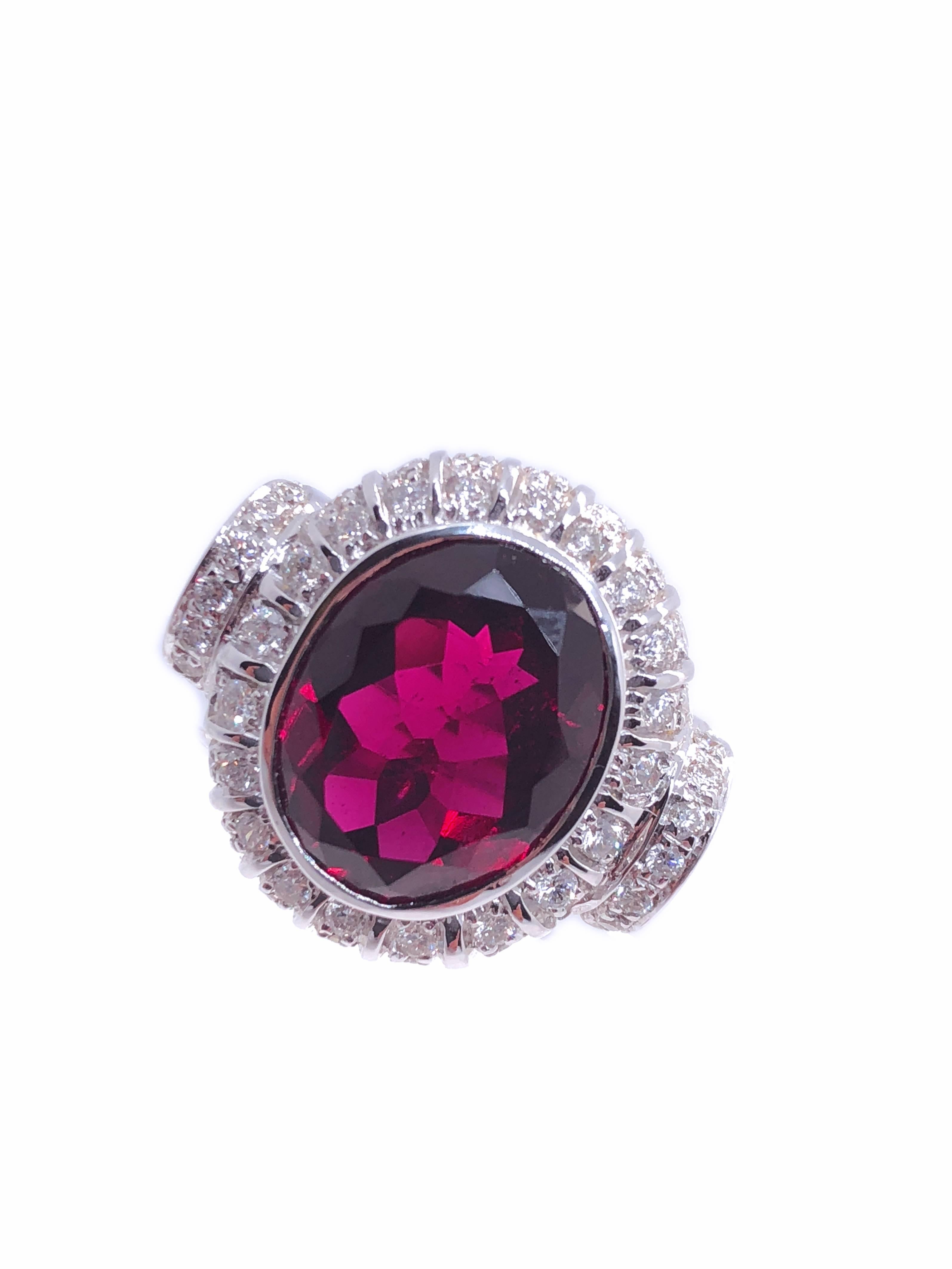 Oval Cut 8.81 Carat Natural Red Tourmaline White Diamond Cocktail Ring