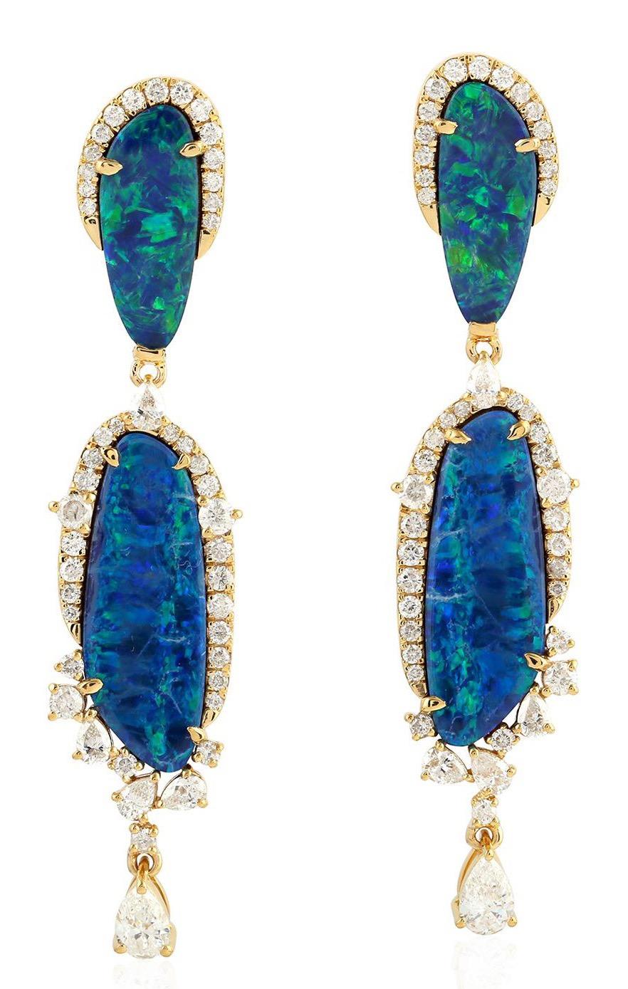 Mixed Cut 8.81 Carat Opal Diamond 18 Karat Gold Earrings For Sale