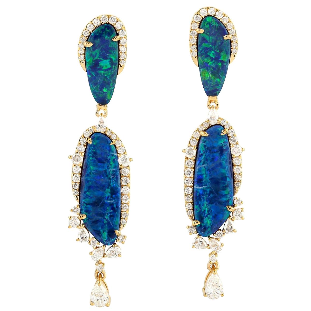 8.81 Carat Opal Diamond 18 Karat Gold Earrings For Sale