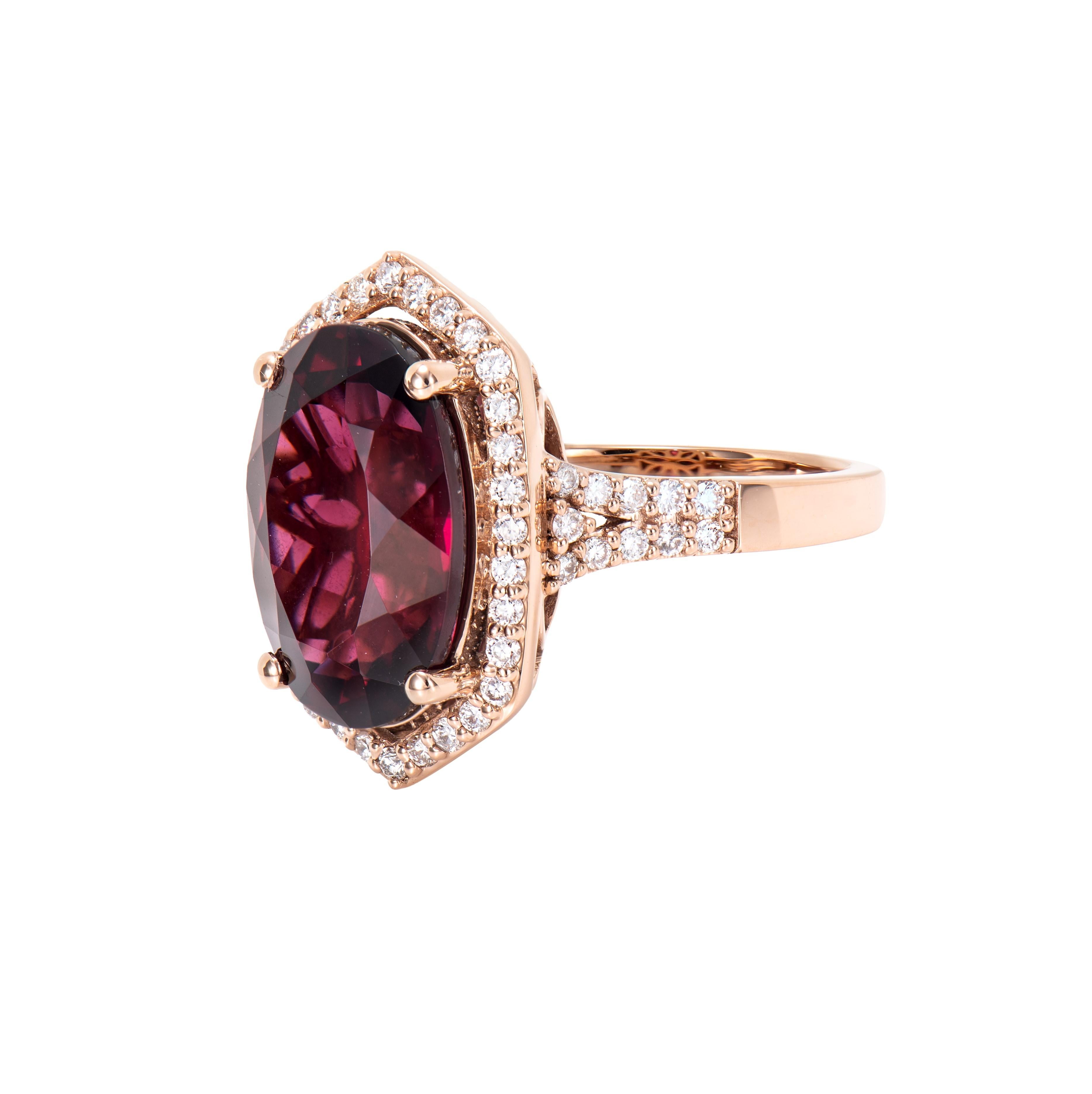 Oval Cut 8.81 Carat Rhodolite Cocktail Ring in 18 Karat Rose Gold with White Diamond. For Sale