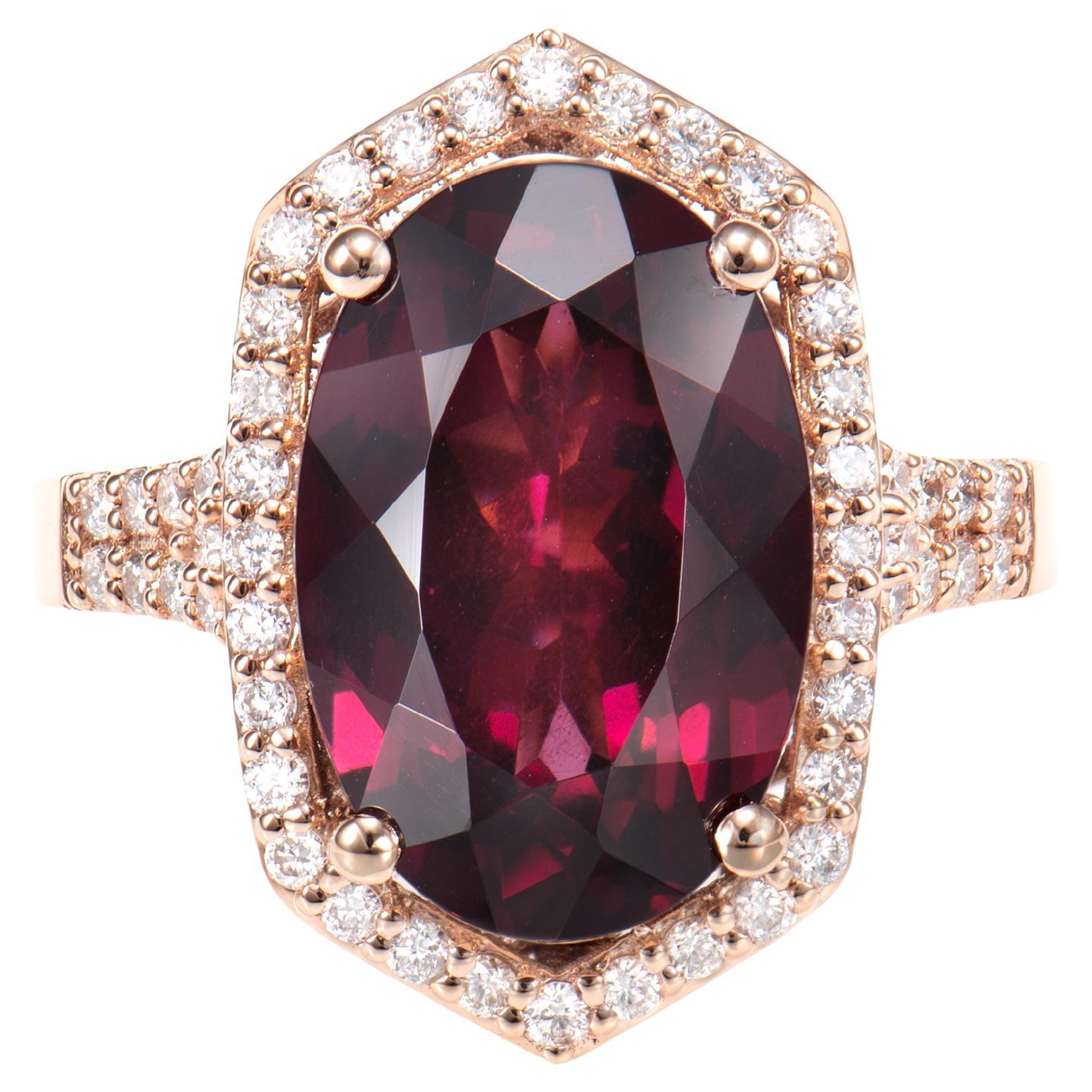 8.81 Carat Rhodolite Cocktail Ring in 18 Karat Rose Gold with White Diamond.