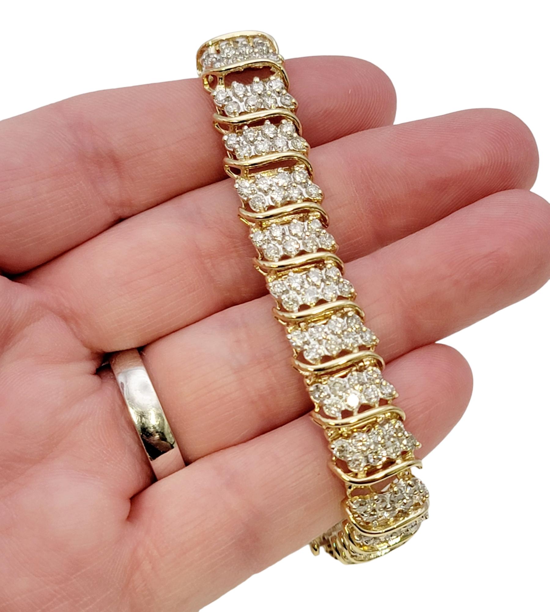 8.81 Carats Total Diamond Cluster 'S' Link Tennis Bracelet in Yellow Gold 4