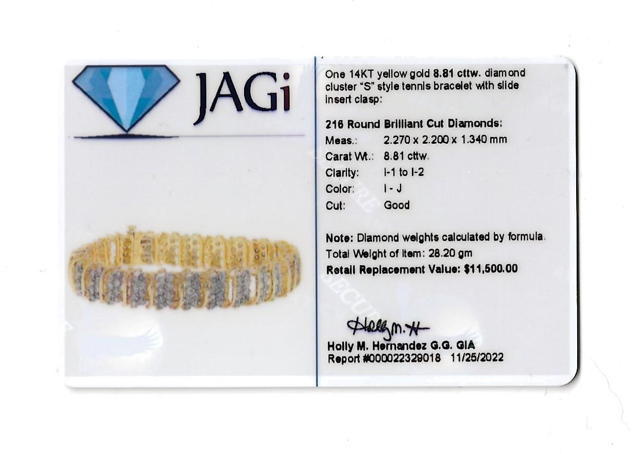 8.81 Carats Total Diamond Cluster 'S' Link Tennis Bracelet in Yellow Gold 8