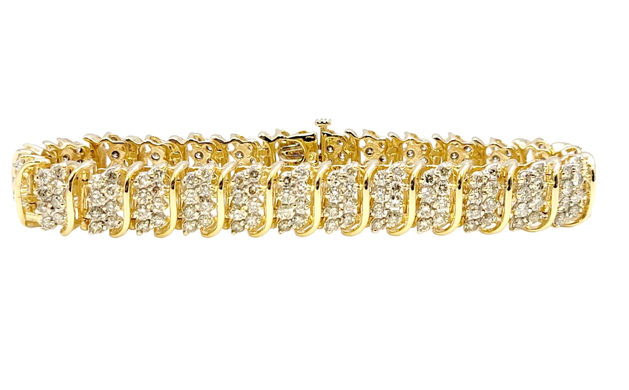 Contemporary 8.81 Carats Total Diamond Cluster 'S' Link Tennis Bracelet in Yellow Gold