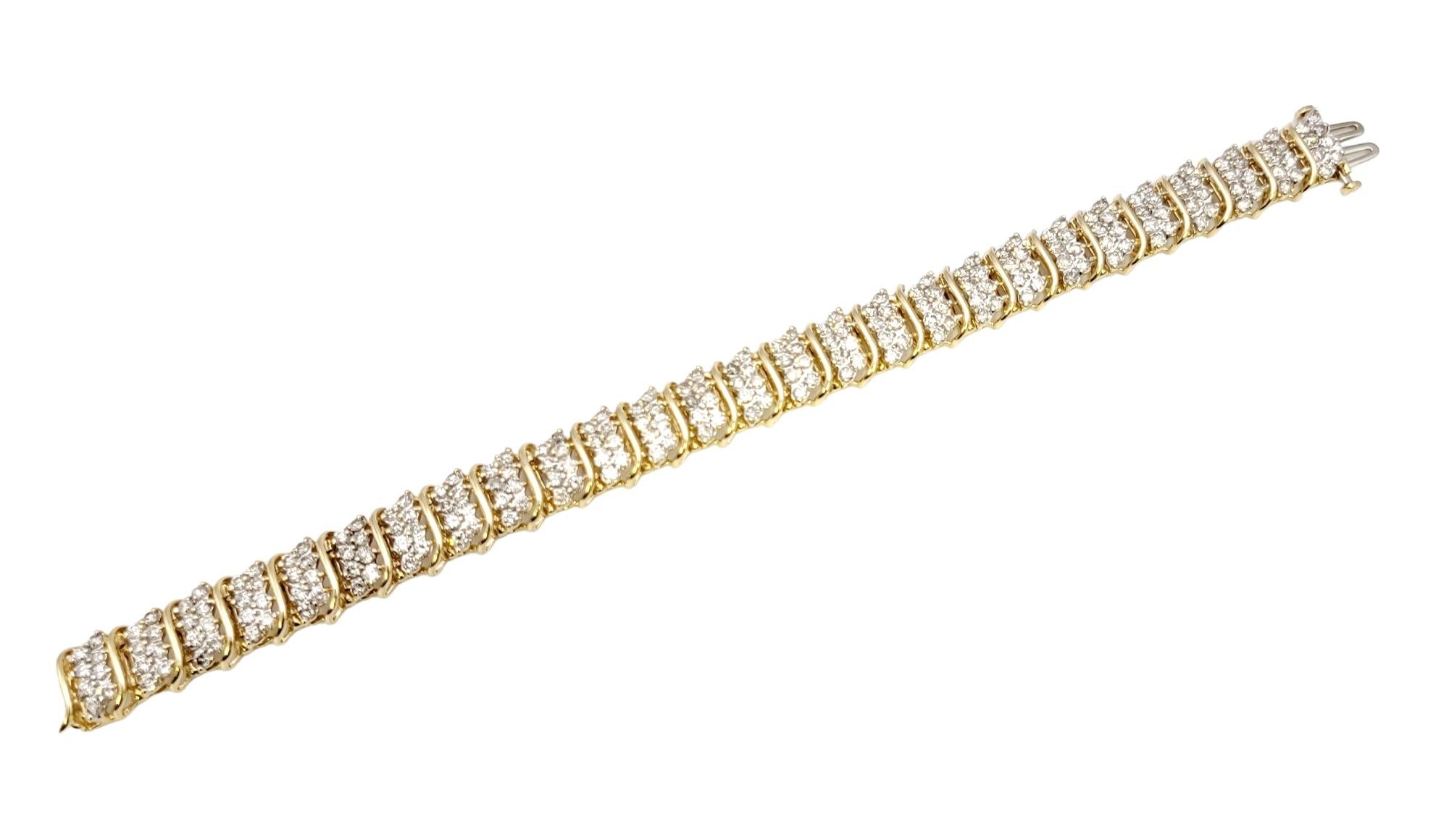 8.81 Carats Total Diamond Cluster 'S' Link Tennis Bracelet in Yellow Gold In Excellent Condition In Scottsdale, AZ