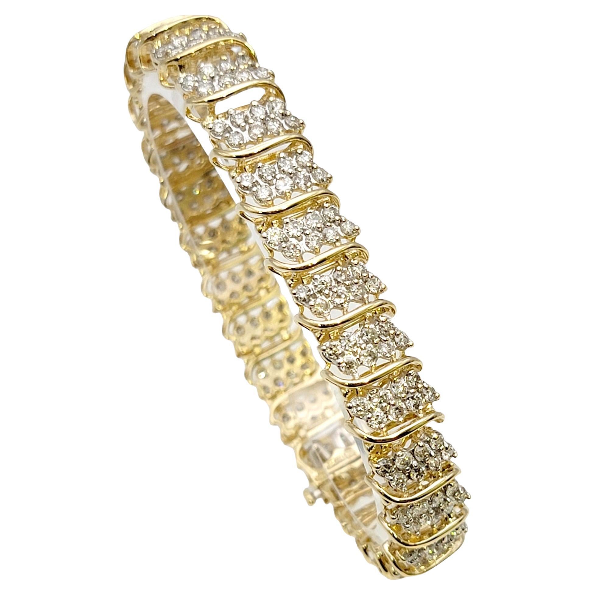 8.81 Carats Total Diamond Cluster 'S' Link Tennis Bracelet in Yellow Gold
