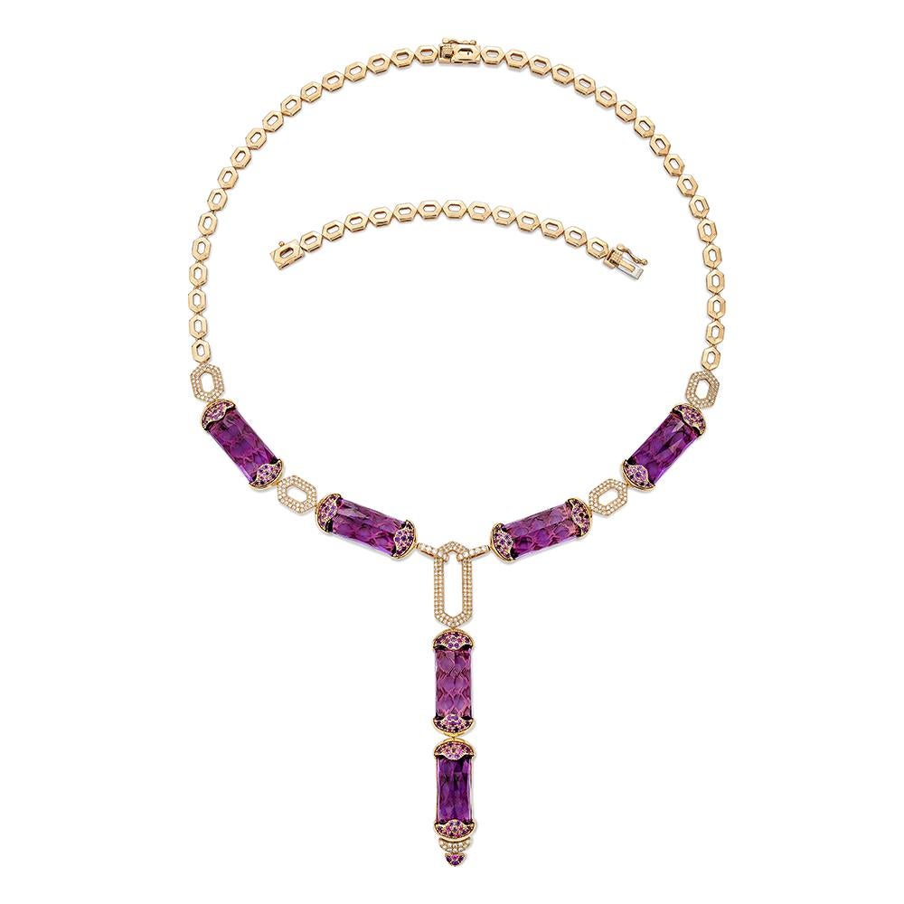 Contemporary 88.19 carat Amethyst necklace in 18KRG with Pink Sapphire and White Diamond. For Sale