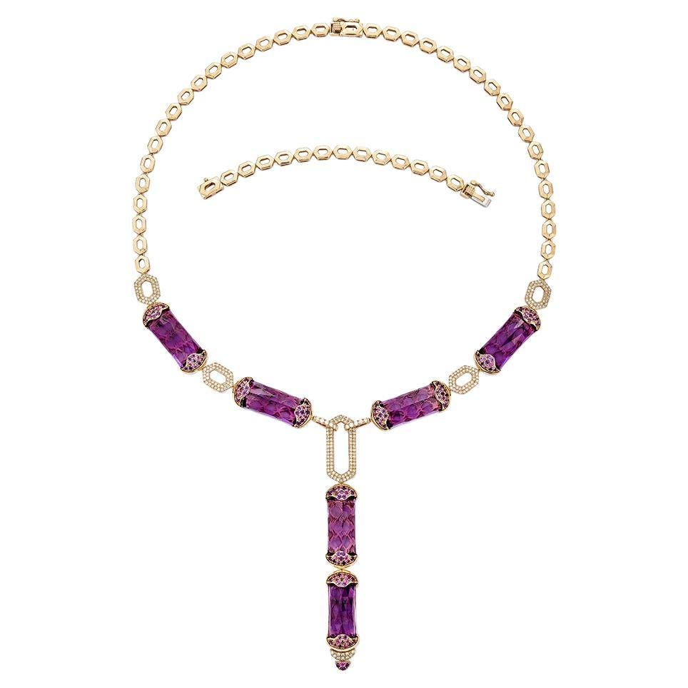 88.19 carat Amethyst necklace in 18KRG with Pink Sapphire and White Diamond. For Sale