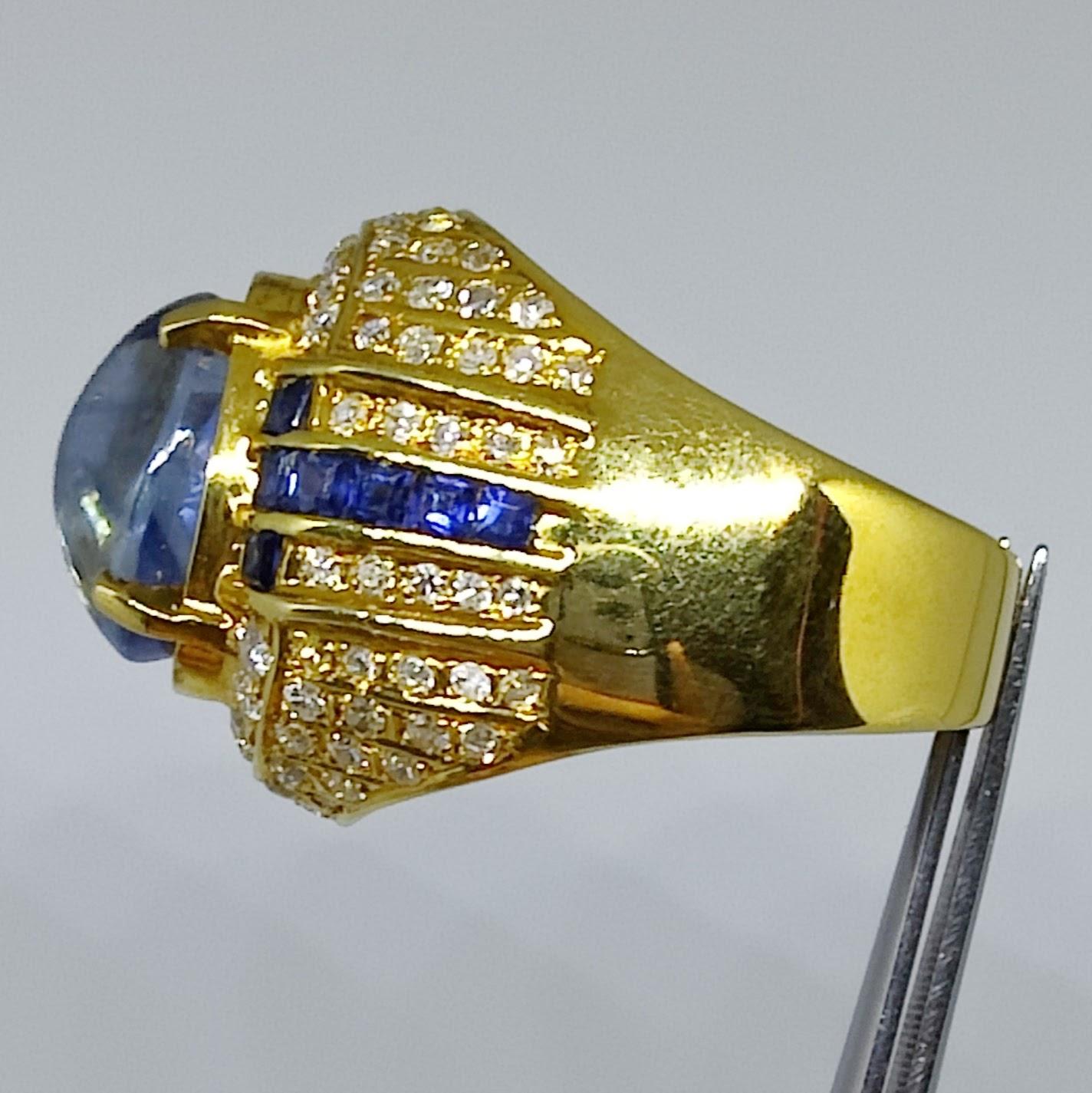 Vintage Art Deco 8.82ct Cabochon Blue Sapphire Diamond Men's Ring in 20K Gold For Sale 6