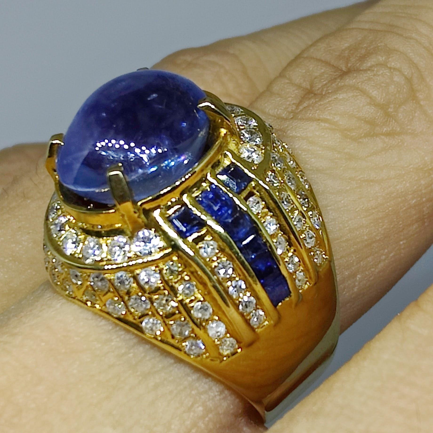 Vintage Art Deco 8.82ct Cabochon Blue Sapphire Diamond Men's Ring in 20K Gold For Sale 7