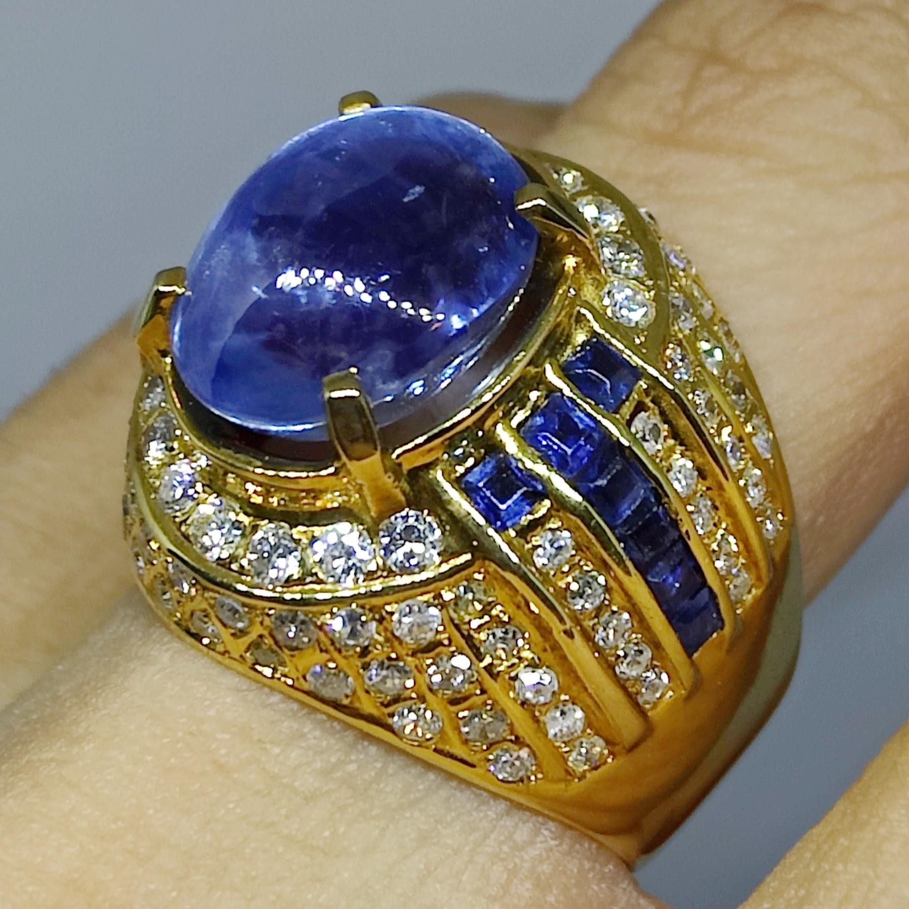 Vintage Art Deco 8.82ct Cabochon Blue Sapphire Diamond Men's Ring in 20K Gold For Sale 8