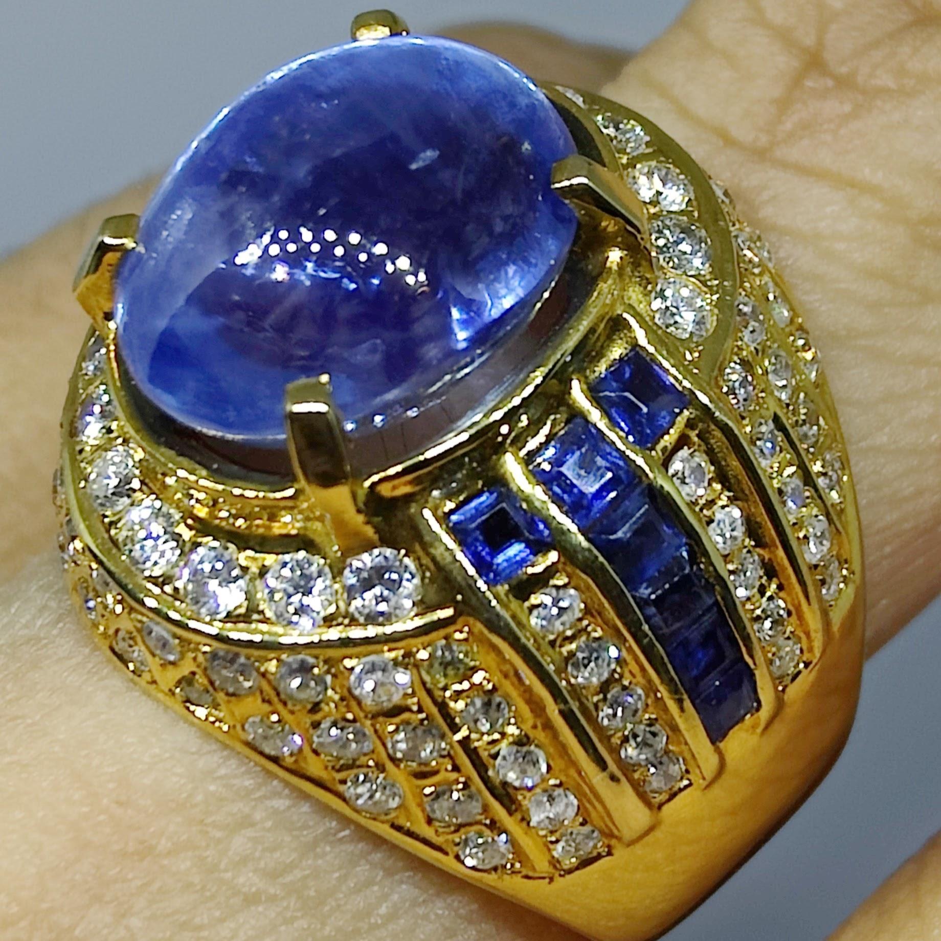 Vintage Art Deco 8.82ct Cabochon Blue Sapphire Diamond Men's Ring in 20K Gold For Sale 9