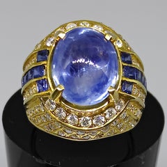 Vintage Art Deco Style 8.82ct Cabochon Blue Sapphire Diamond 20K Men's Gold Ring