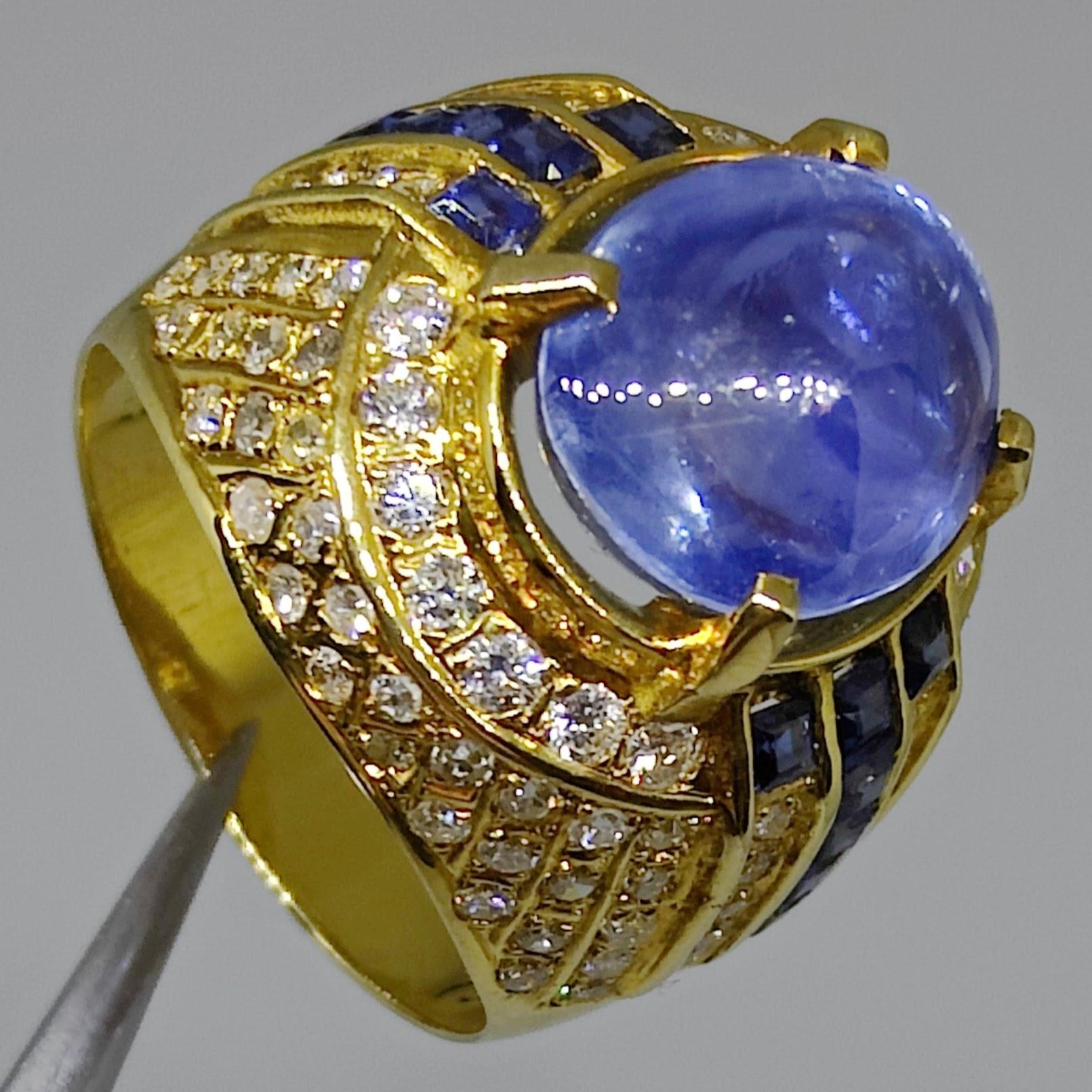Vintage Art Deco 8.82ct Cabochon Blue Sapphire Diamond Men's Ring in 20K Gold For Sale 2