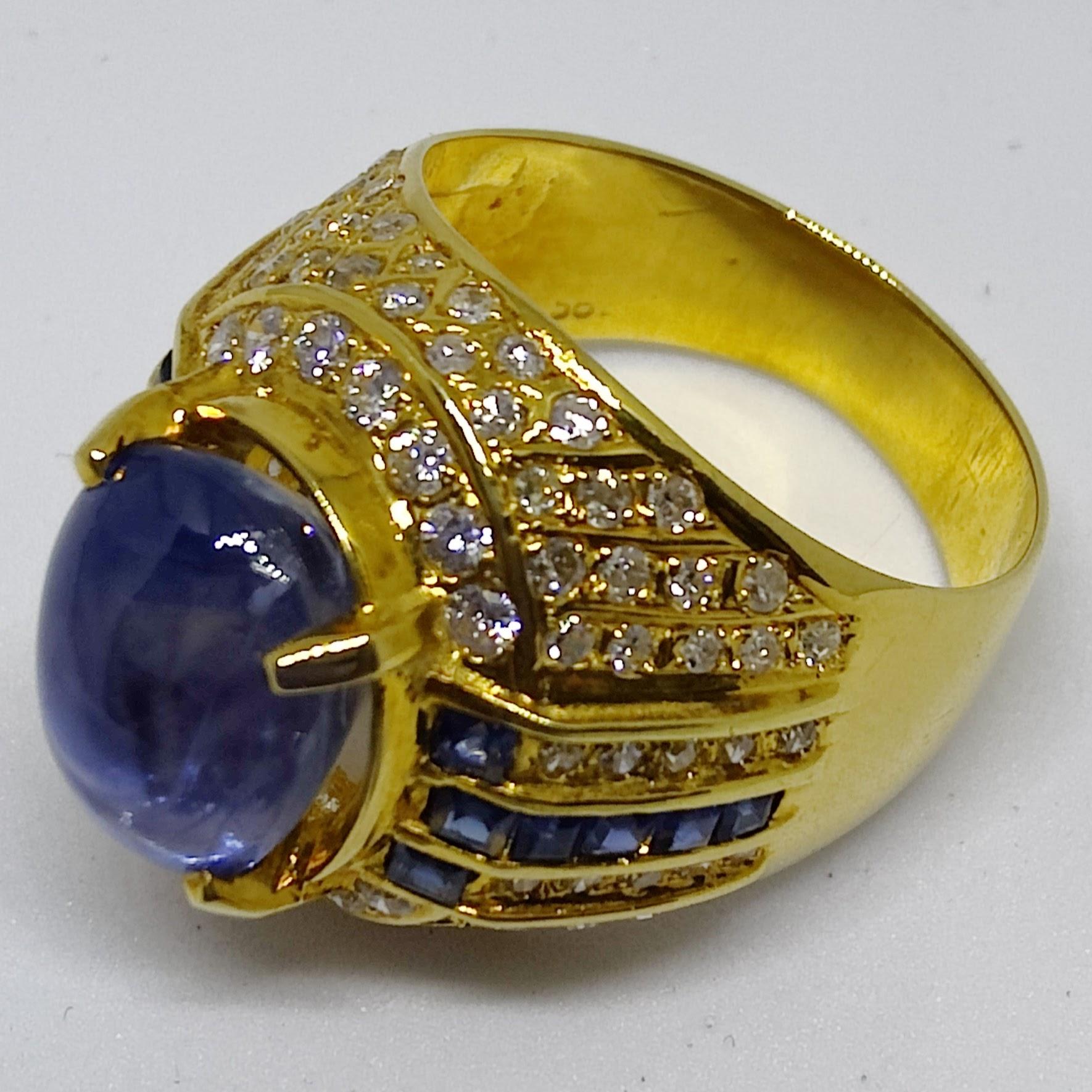 Vintage Art Deco 8.82ct Cabochon Blue Sapphire Diamond Men's Ring in 20K Gold For Sale 3