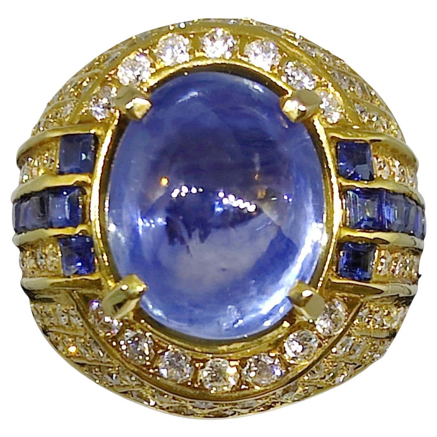 Vintage Art Deco 8.82ct Cabochon Blue Sapphire Diamond Men's Ring in ...