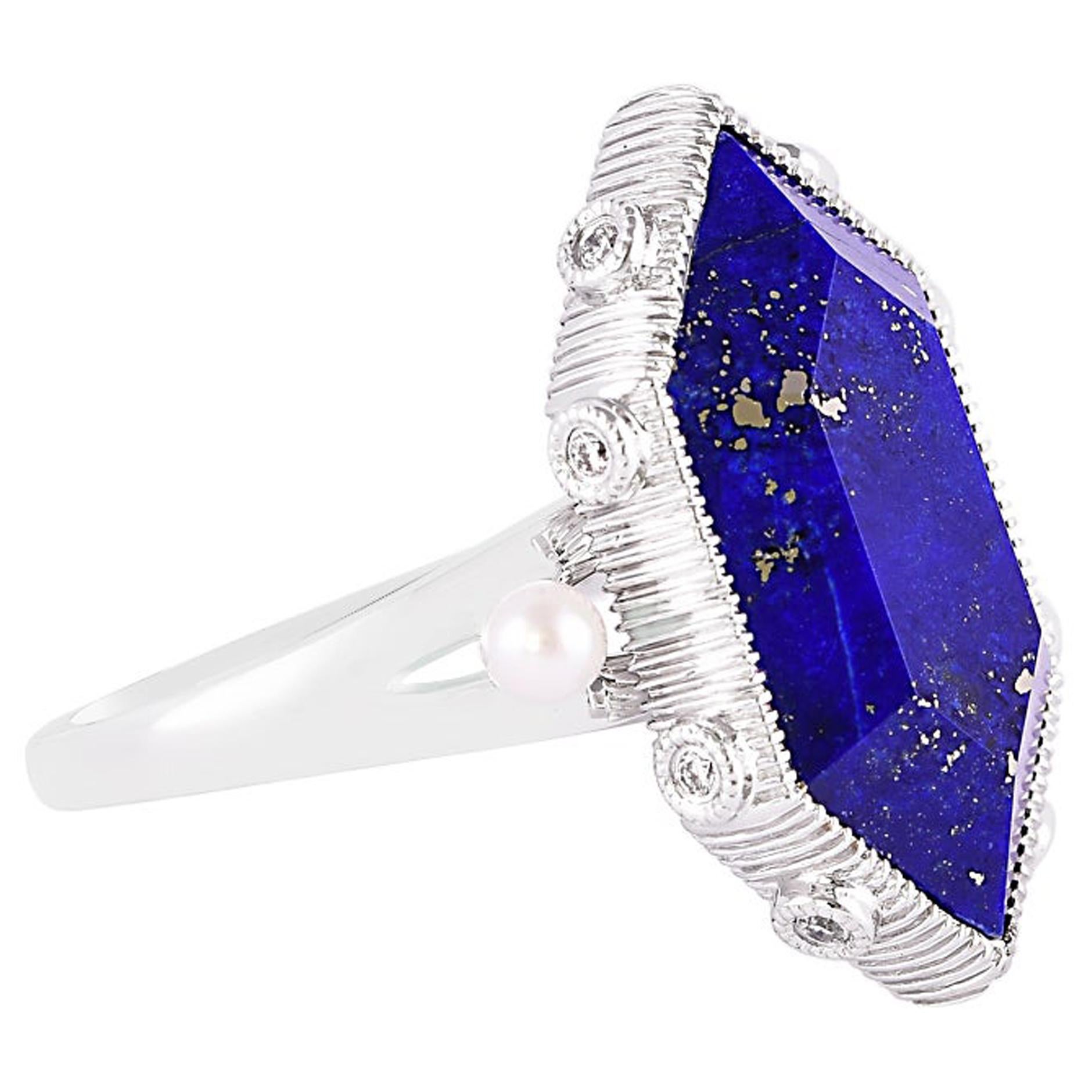 8.82 Carat Lapis Lazuli Ring in 18 Karat White Gold with Diamonds and Pearls For Sale