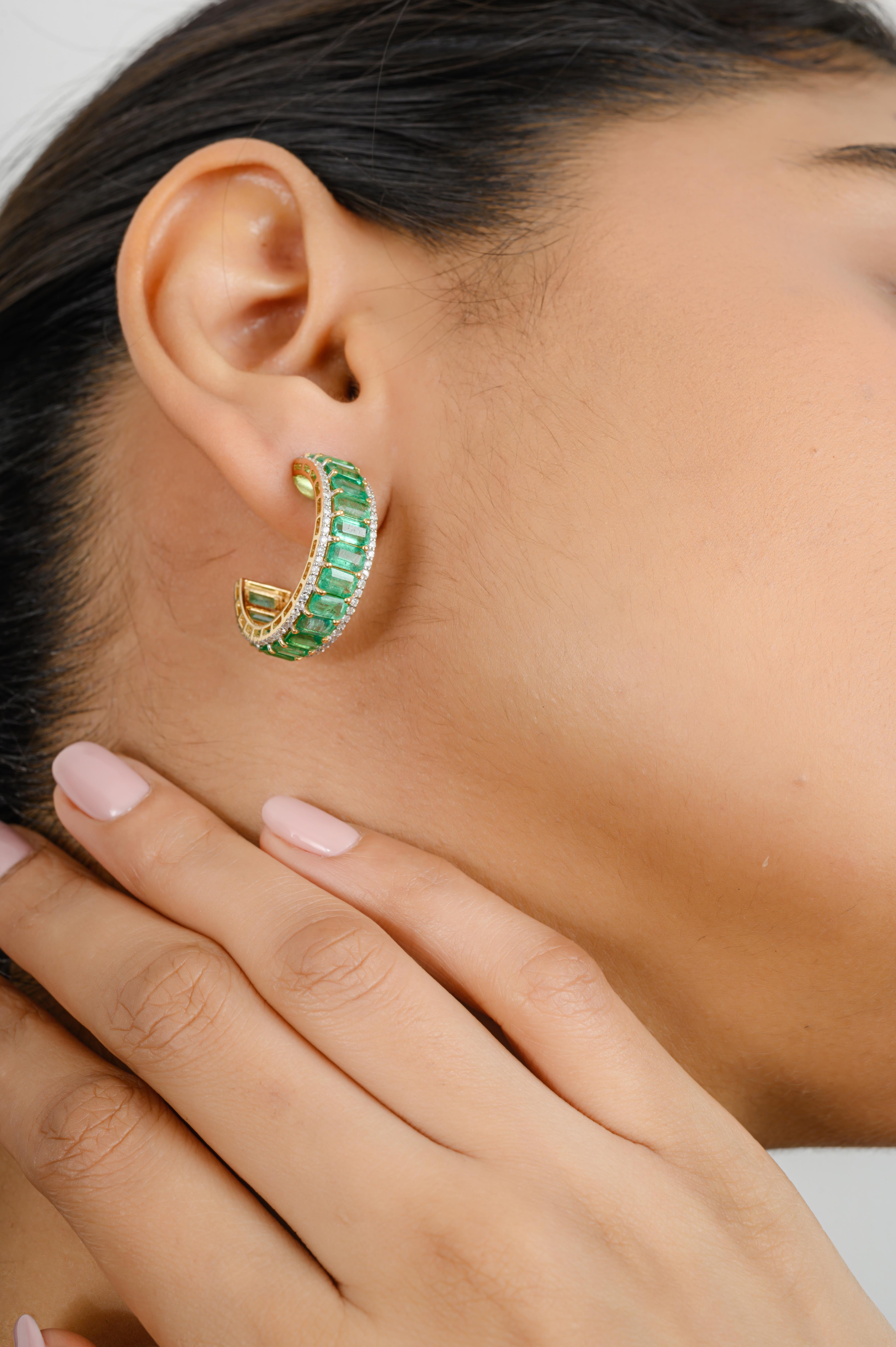 8.82 Carat Octagon Cut Emerald Diamond Hoop Earrings in 18K Gold to make a statement with your look. You shall need hoop earrings to make a statement with your look. These earrings create a sparkling, luxurious look featuring square cut emerald and