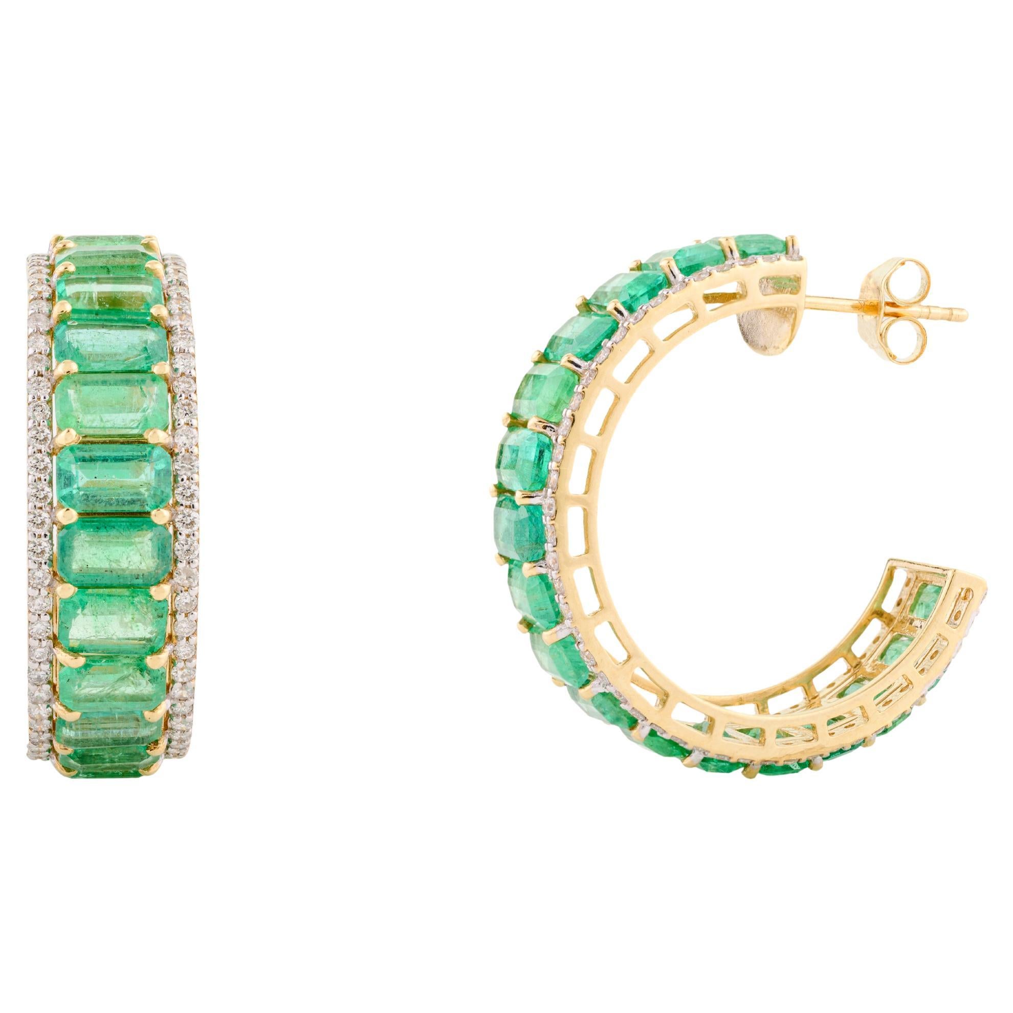 8.82 Carat Octagon Cut Emerald Diamond Hoop Earrings in 18k Solid Yellow Gold