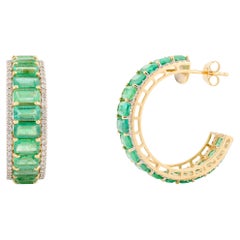 8.82 Carat Octagon Cut Emerald Diamond Hoop Earrings in 18k Solid Yellow Gold