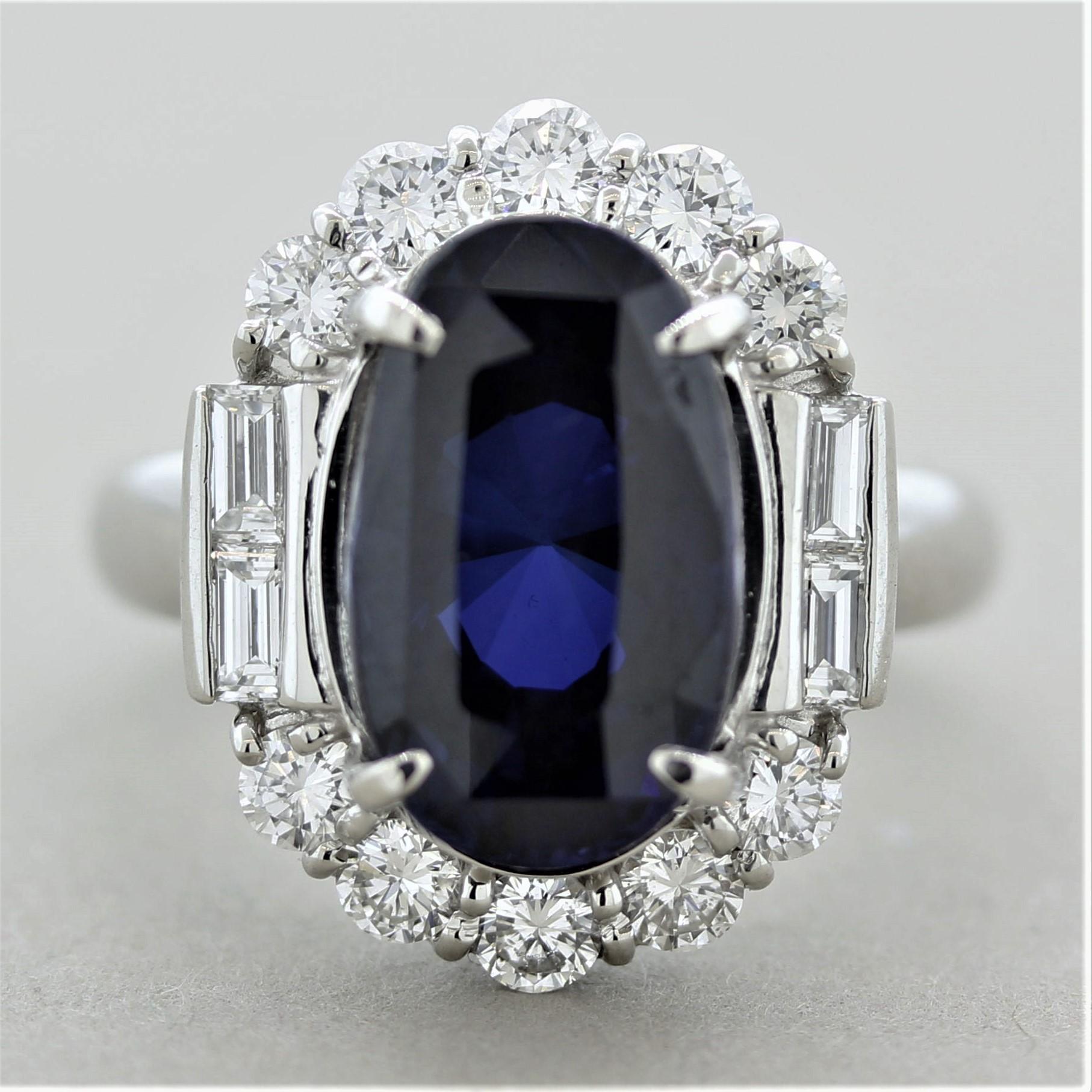 A large and impressive sapphire weighing 8.82 carats! It is certified by the GIA as natural and has an intense vivid midnight blue color. Fully transparent and eye clean, no inclusions can be seen in the stone allowing the vivid blue color to