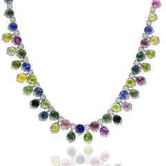 88.22 Carat Multi Color Sapphire and  Diamond Necklace in Platinum