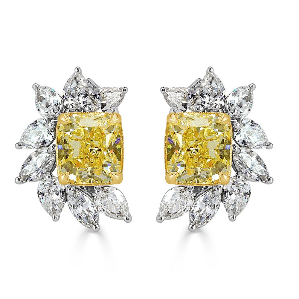 8.82ct Fancy Yellow Radiant and Colorless Marquise Cut Diamond Cluster Stud