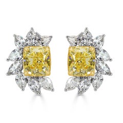 8.82ct Fancy Yellow Radiant and Colorless Marquise Cut Diamond Cluster Stud