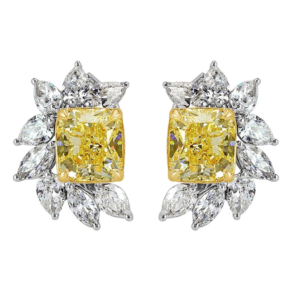 8.82ct Fancy Yellow Radiant and Colorless Marquise Cut Diamond Cluster Stud