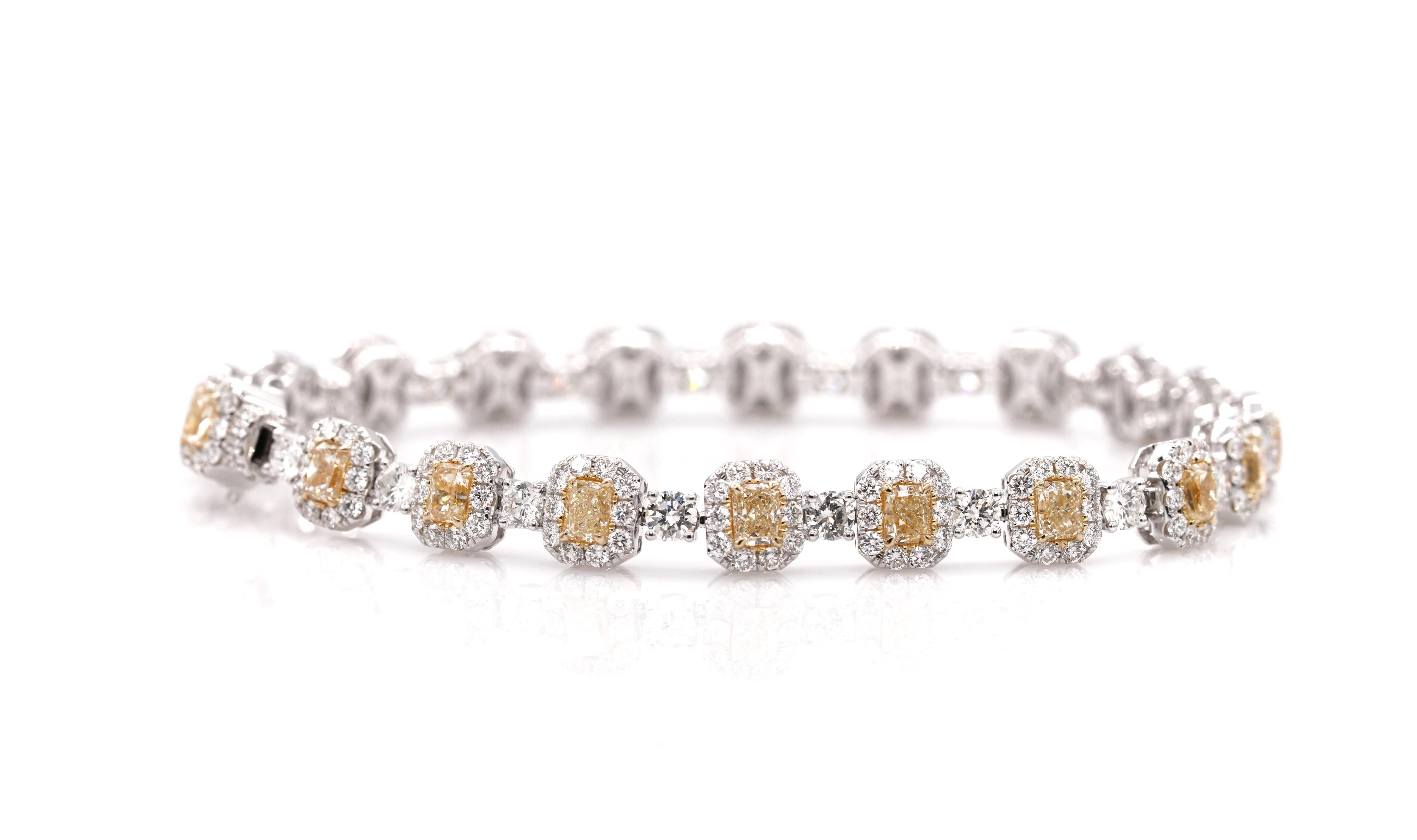 Pulsera de tenis de oro de 18 quilates con diamantes amarillos de fantasía y diamantes blancos de 8,83 quilates Art Decó en venta