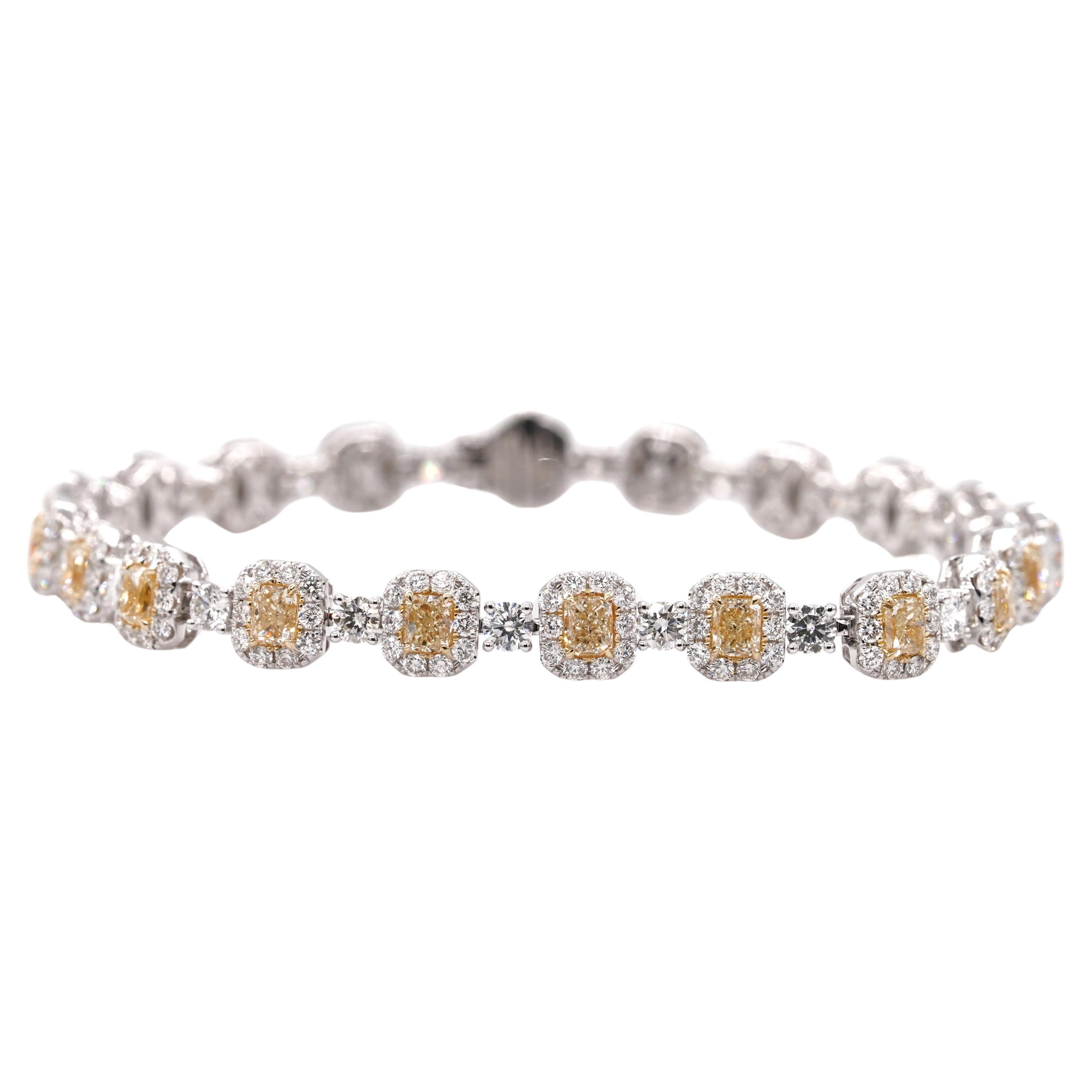 Pulsera de tenis de oro de 18 quilates con diamantes amarillos de fantasía y diamantes blancos de 8,83 quilates en venta