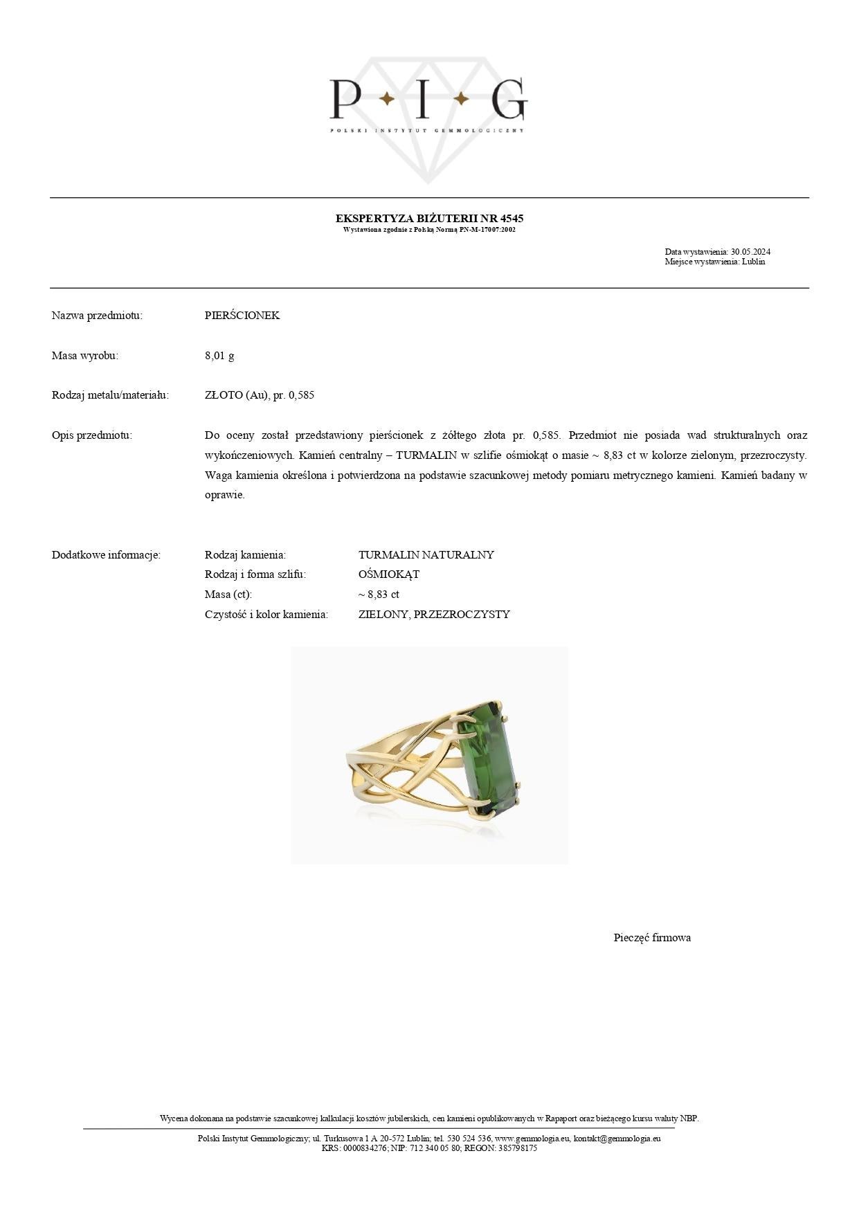 Taille émeraude Bague en or jaune 14K avec tourmaline verte de 8,83 carats en vente