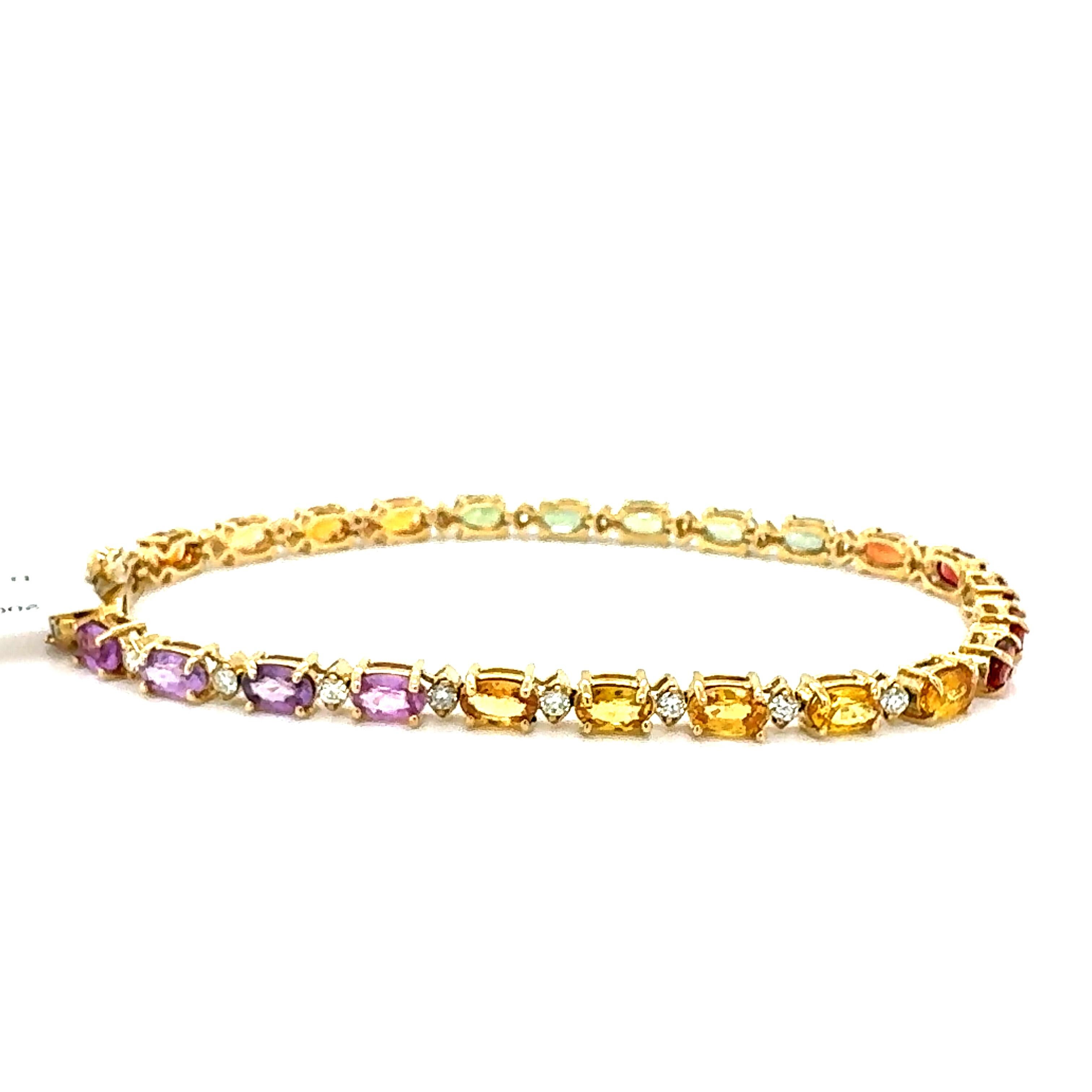 Contemporary 8.83 Carat Multi-Color Sapphire Diamond Yellow Gold Tennis Bracelet For Sale
