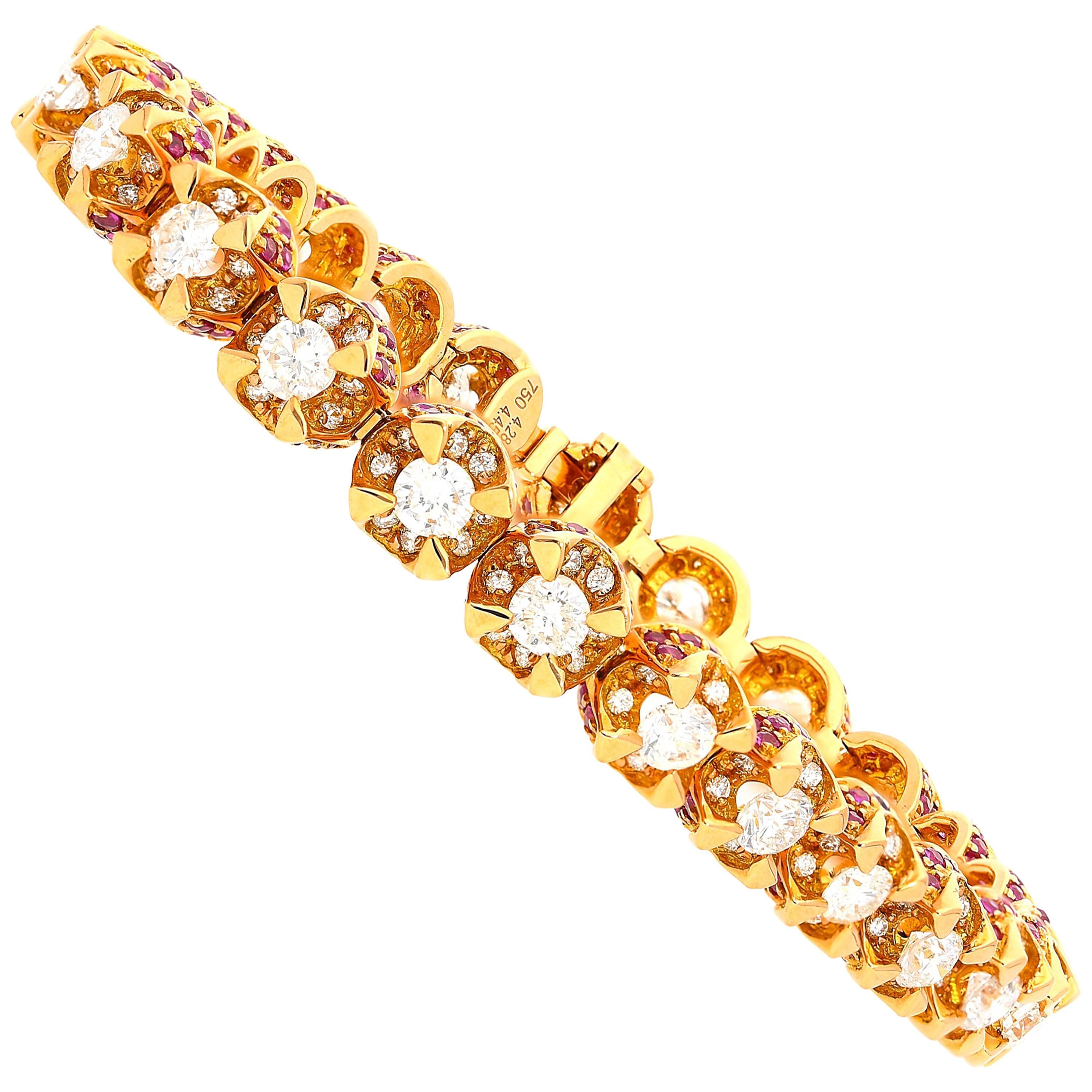 8.83 Carat Round-Brilliant Cut Diamond, Ruby and Rose Gold Tennis Bracelet
