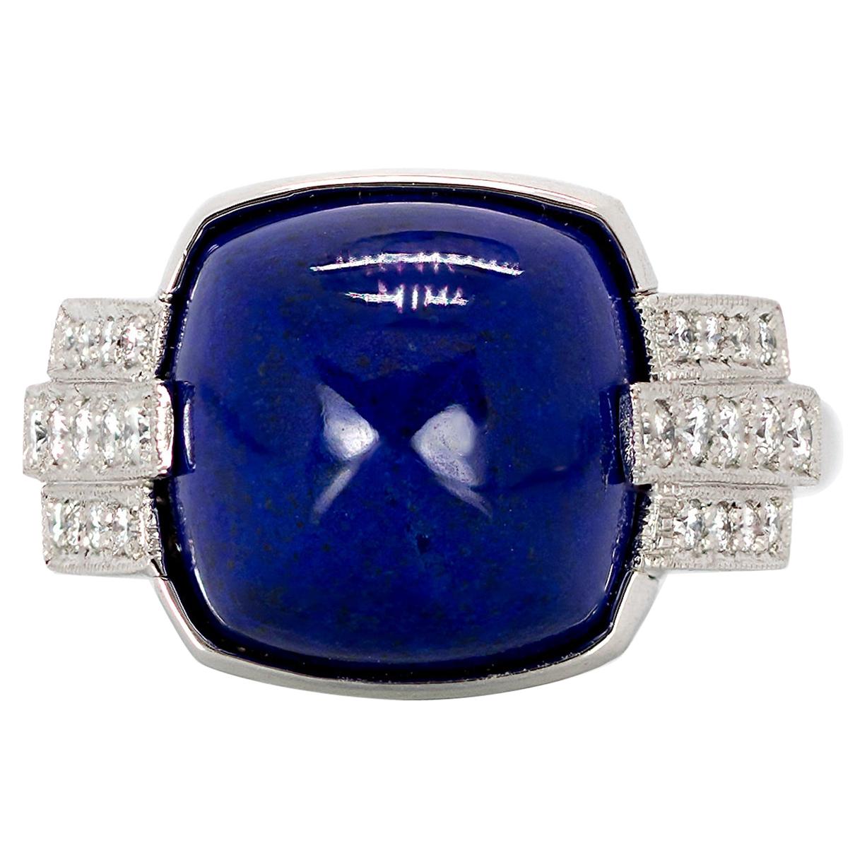 8.83 Carat Sugarloaf Cushion Cut Lapis and 0.50 Carat Diamonds in Platinum Ring