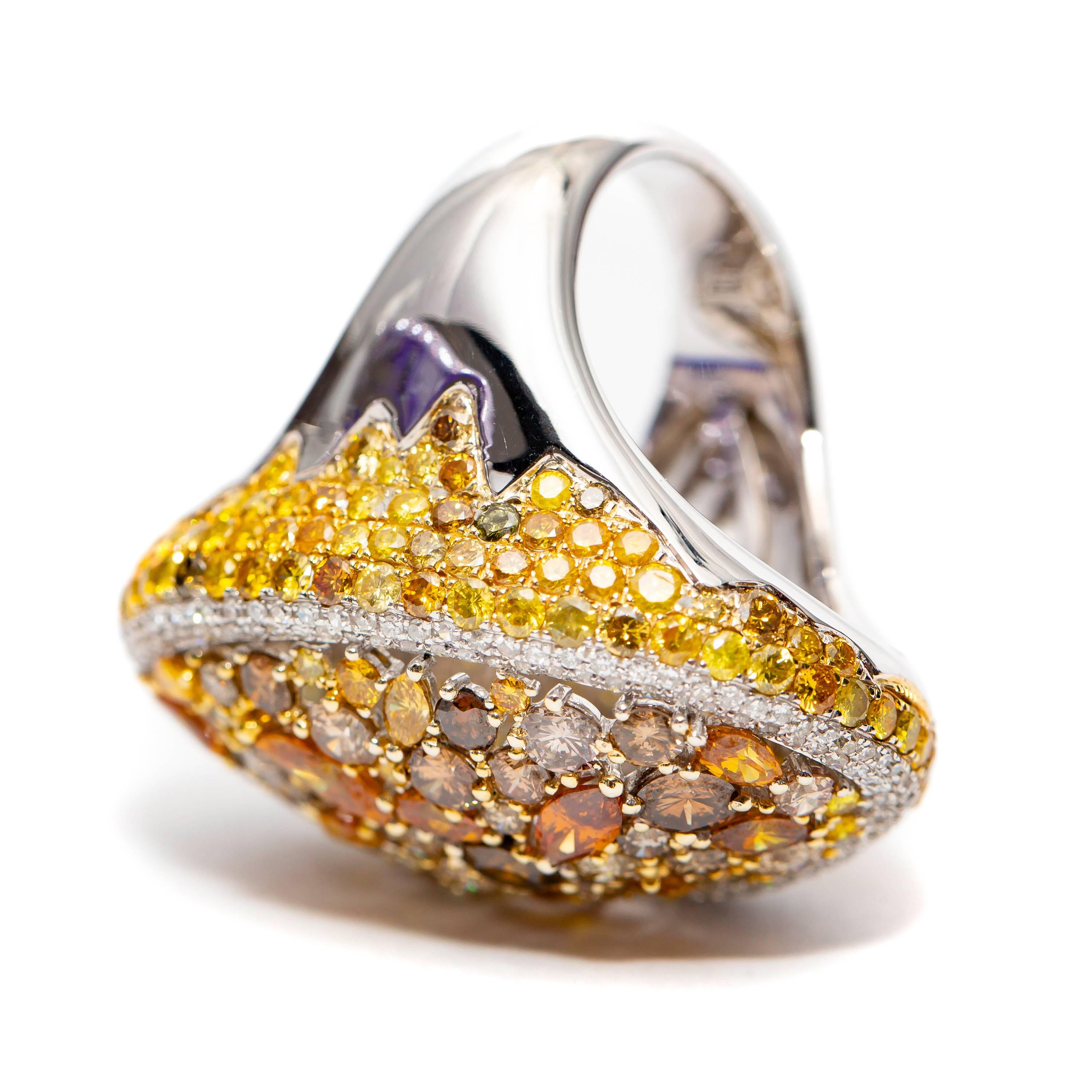 Modern 8.84 Carat Orange Yellow Brown Round Cut 18 Karat White Gold Fancy Diamond Ring For Sale