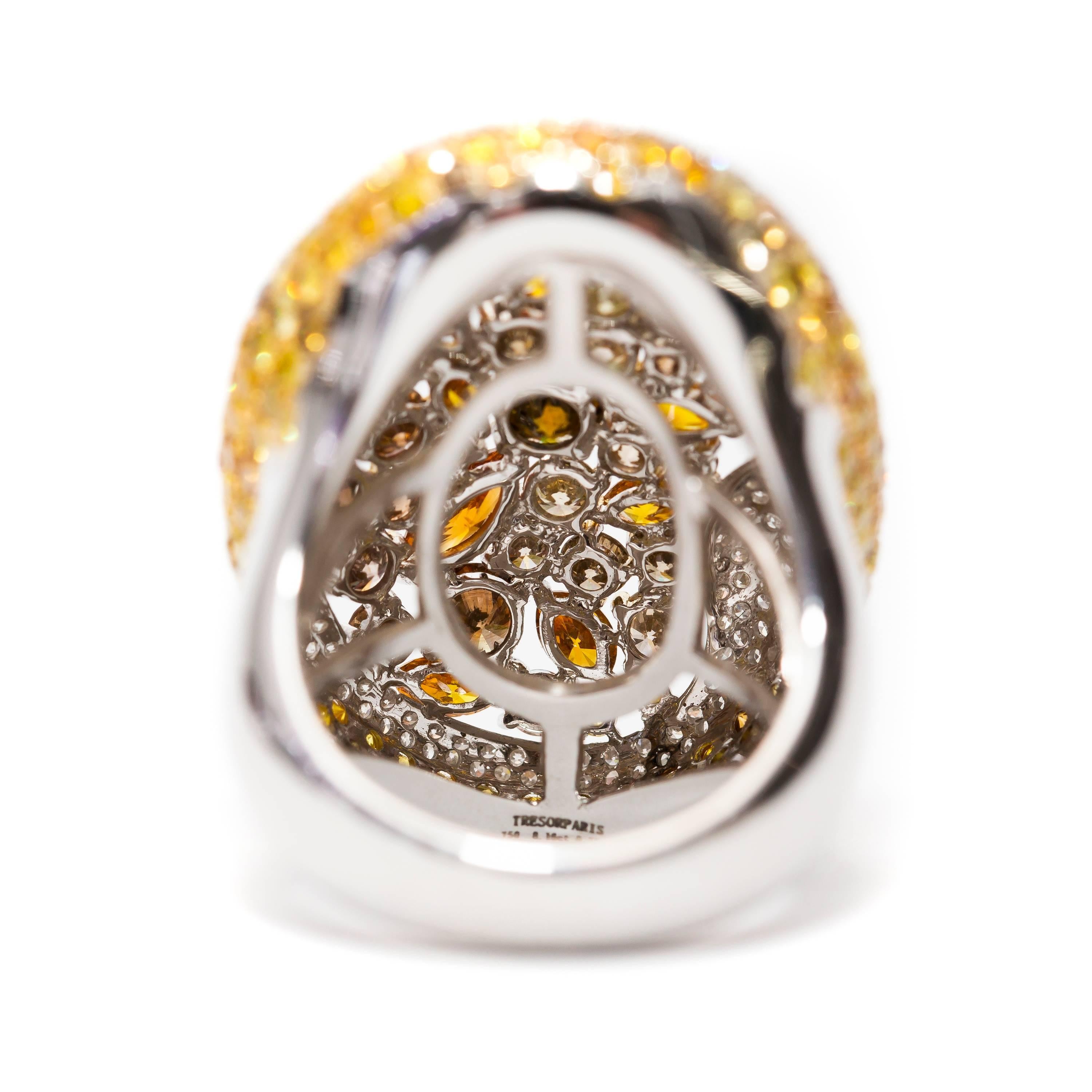 Women's 8.84 Carat Orange Yellow Brown Round Cut 18 Karat White Gold Fancy Diamond Ring For Sale