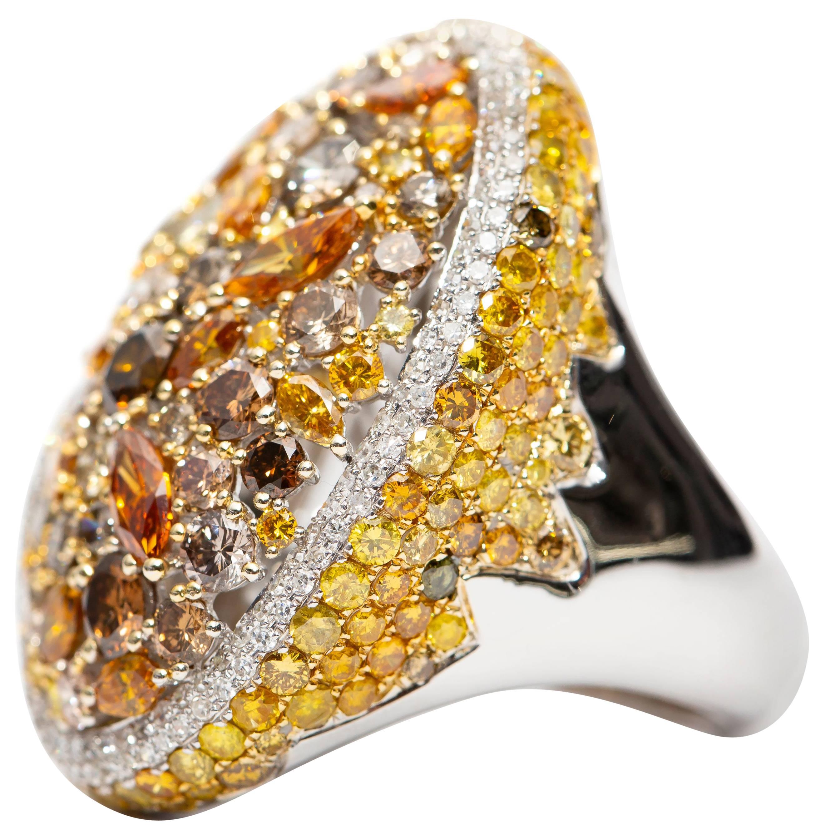 8.84 Carat Orange Yellow Brown Round Cut 18 Karat White Gold Fancy Diamond Ring For Sale